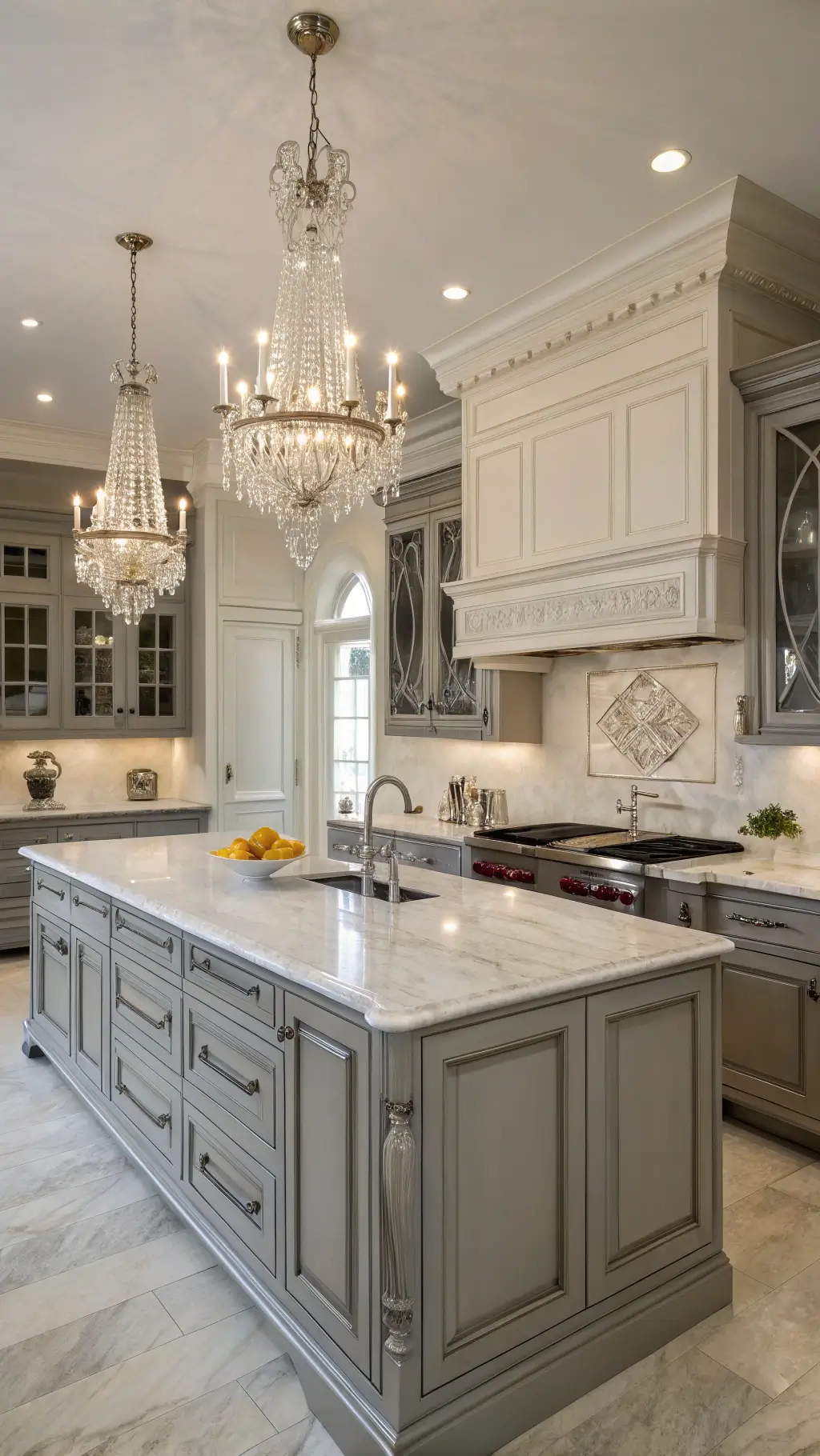 Traditional gray kitchen featuring classic cabinets, Calacatta marble surfaces, a crystal chandelier, and detailed crown molding