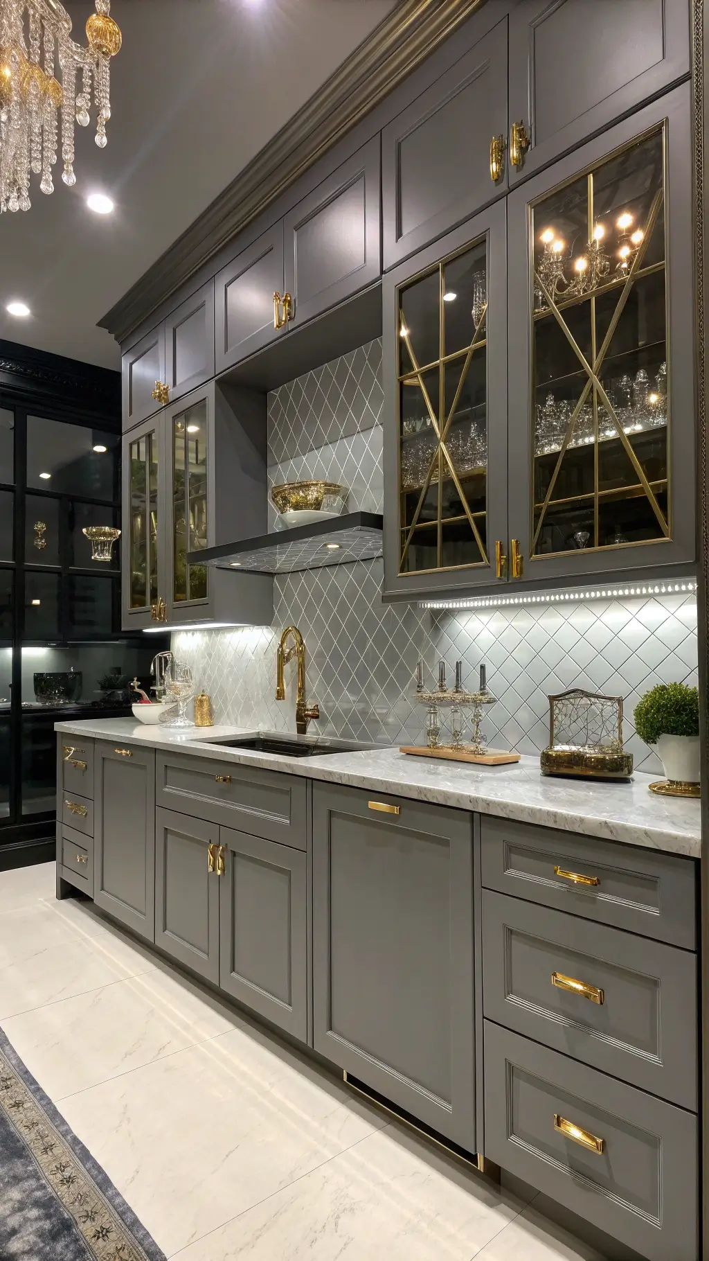 Sophisticated contemporary kitchen with slate gray cabinets, gold hardware, mirror-finish backsplash, crystal and brass lighting fixtures captured in evening atmosphere
