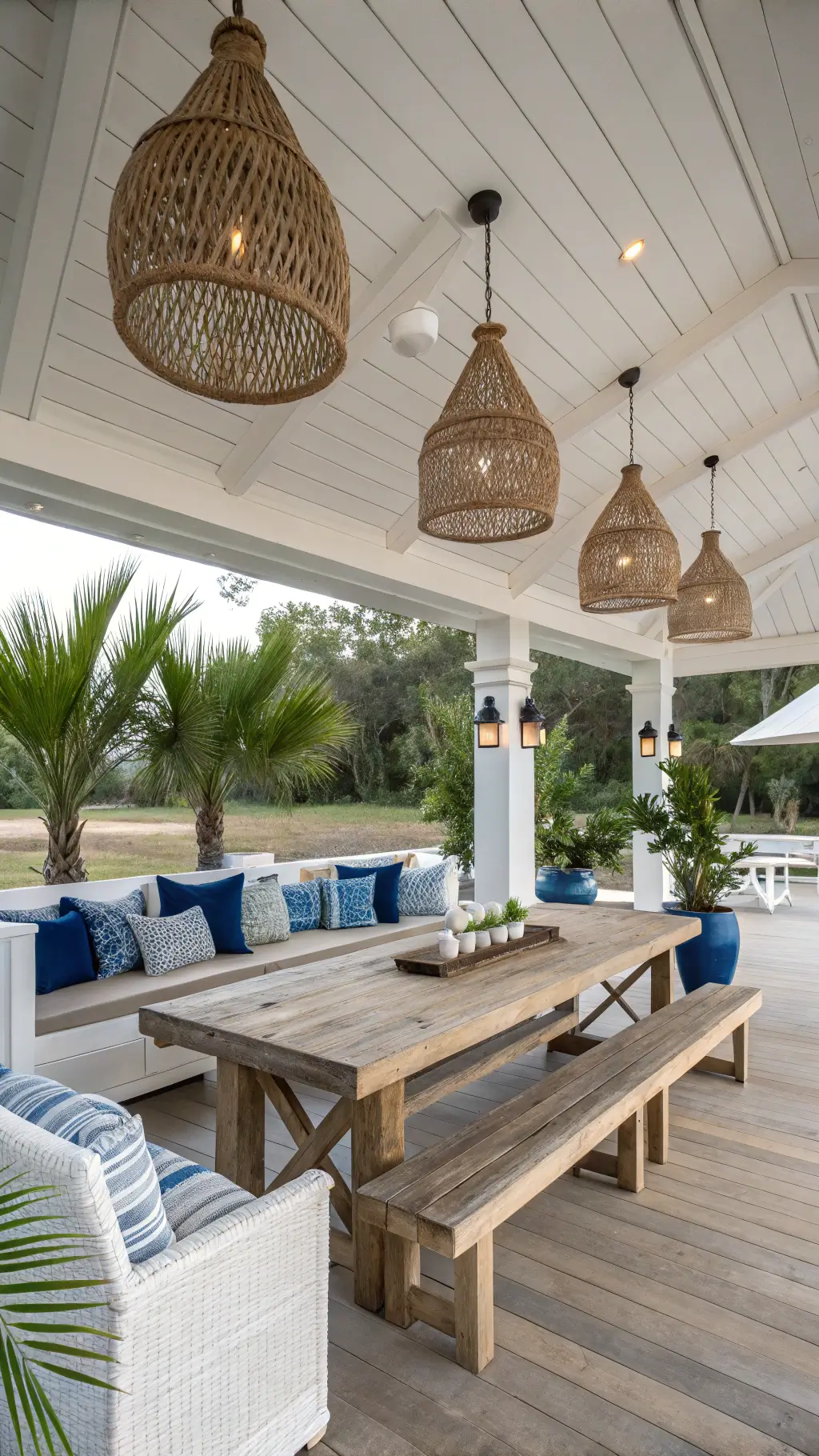 Covered Patio with Whitewashed Ceiling and Teak Dining Set Under Coastal Pendants