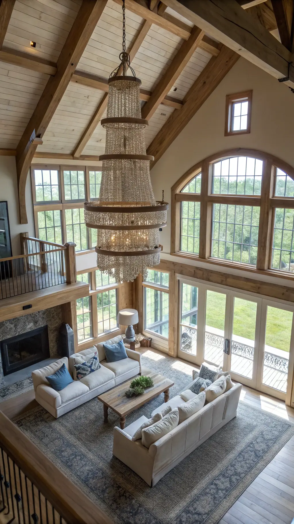 Spacious Coastal Living Room with Layered Lighting and Natural Textures