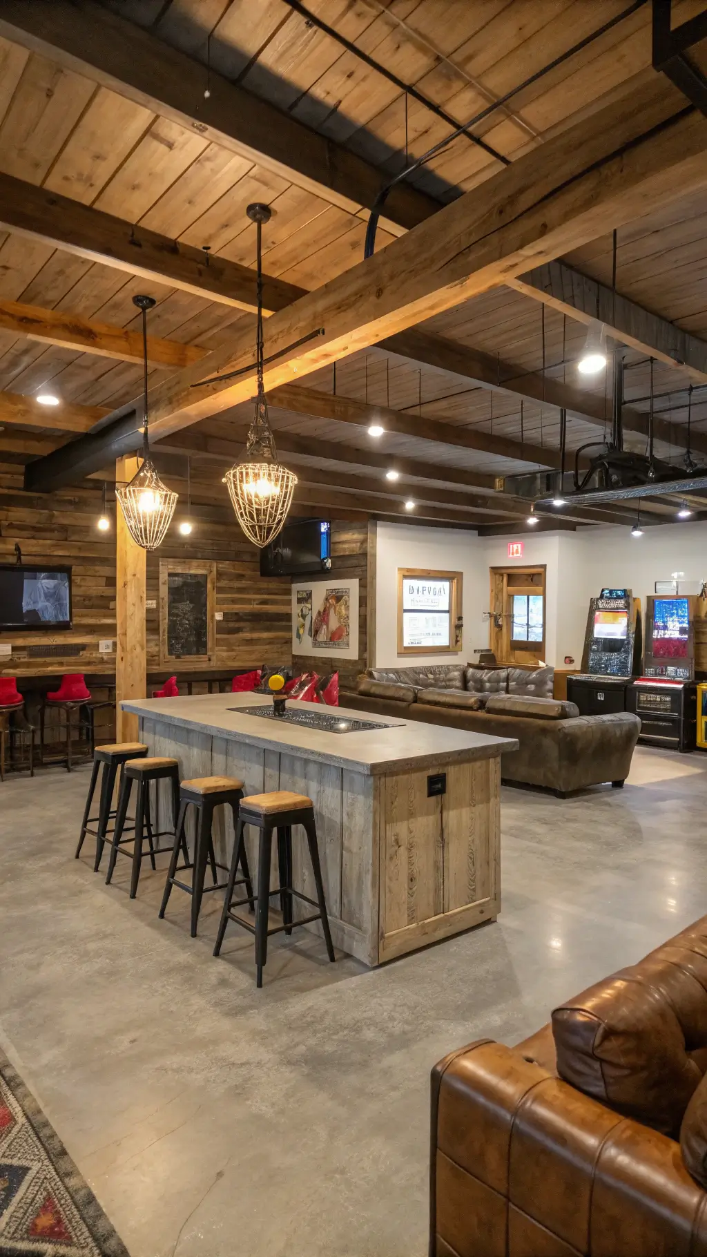Bird's eye view of a spacious industrial-rustic basement entertainment hub with steel beams, reclaimed wood walls, concrete countertop island bar, vintage stools, leather sectionals, arcade games, and Edison bulb chandelier grid