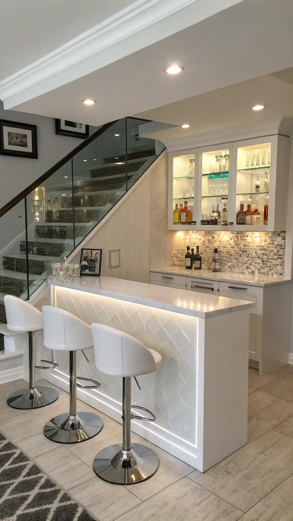 Modern space-saving corner bar under stairs with high-gloss white lacquer cabinets, LED lighting, pale gray quartz countertop, floating glass shelves, metallic mosaic tile backsplash, and lucite stools