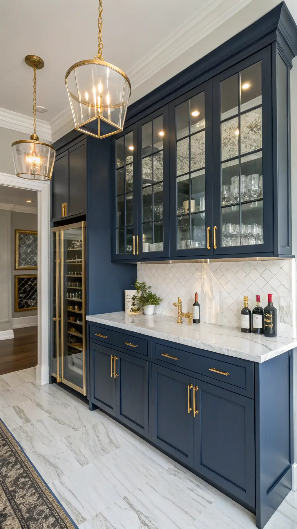 Luxurious bar area with floor-to-ceiling navy cabinetry, brass hardware, glass-front upper units, white marble countertop, integrated wine fridge, ice maker, antique mirror backsplash, and floating brass shelves under art deco pendant lights