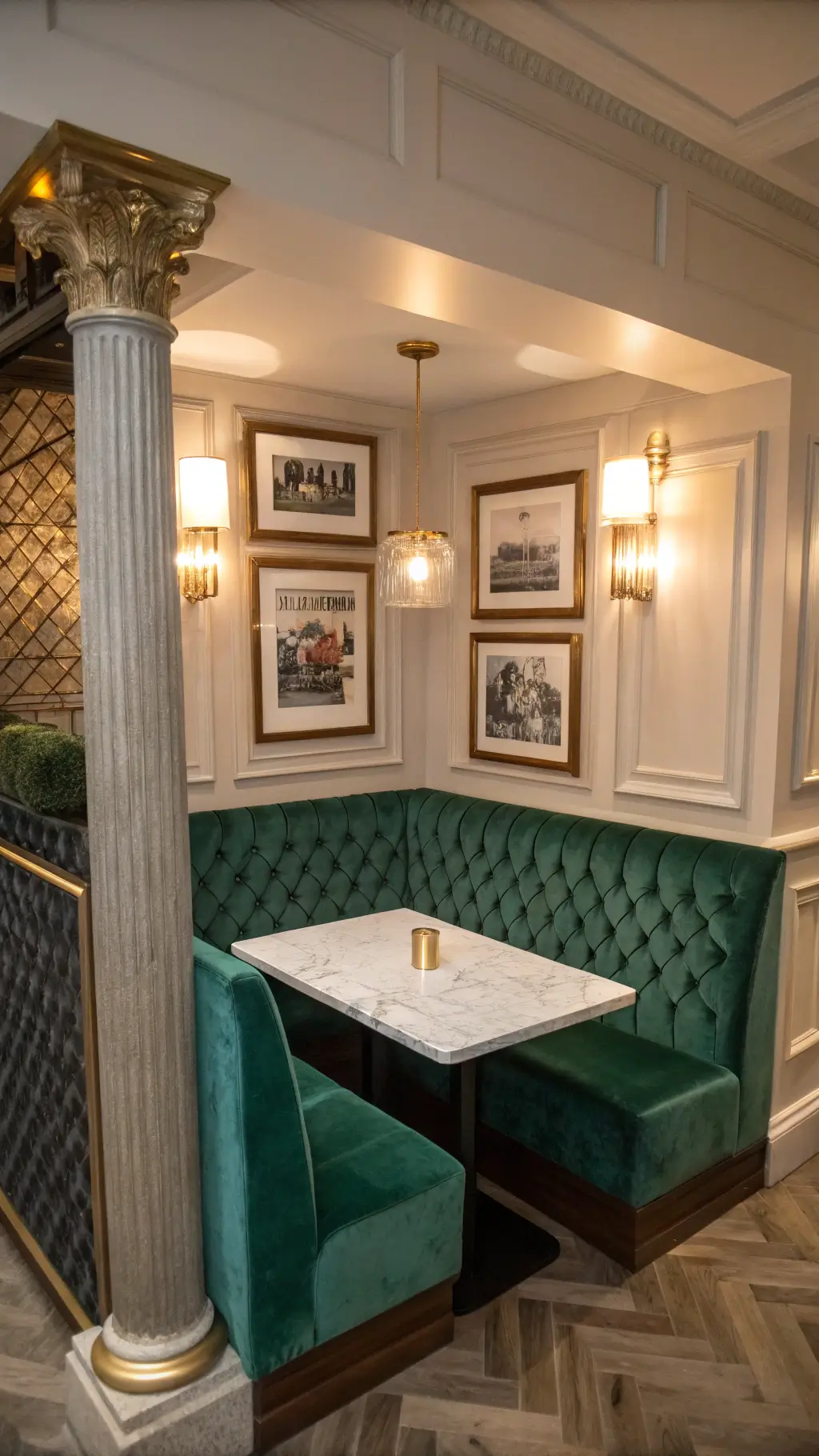 Intimate U-shaped emerald green velvet booth seating around a cream marble table, nestled between support columns, illuminated by warm brass sconces with vintage prints and herringbone dark wood floor