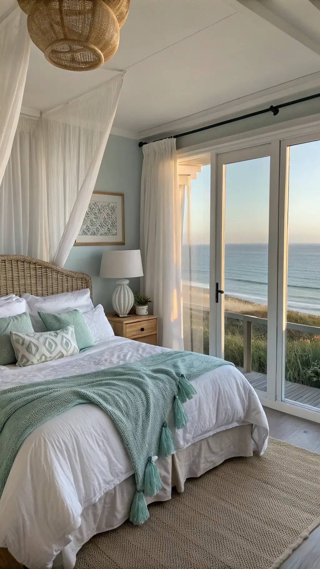 Coastal bedroom with rattan headboard and ocean view