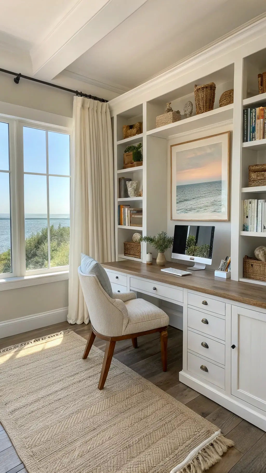 Cozy coastal office with ocean-inspired decor and natural light