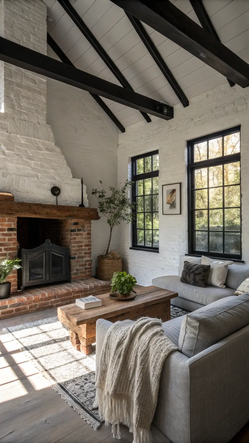 Cozy living room with brick fireplace, timber mantel, and textured throws