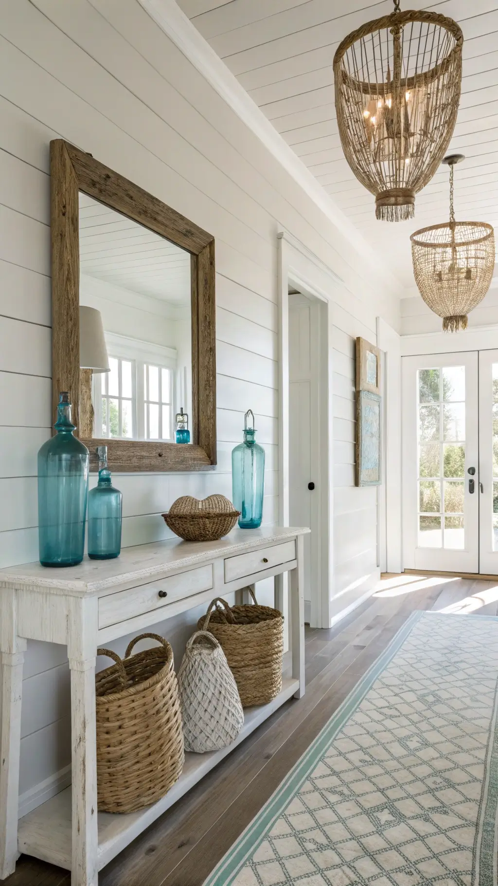 Coastal entryway with white shiplap walls and driftwood mirror