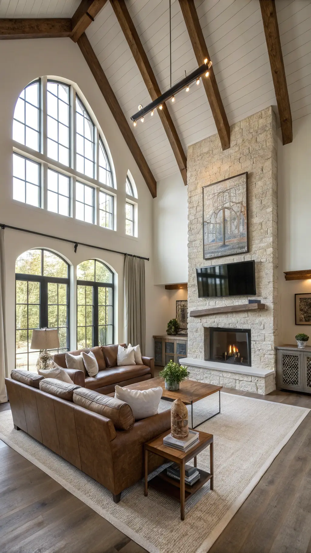 Open-concept modern farmhouse living room with natural elements and high ceilings