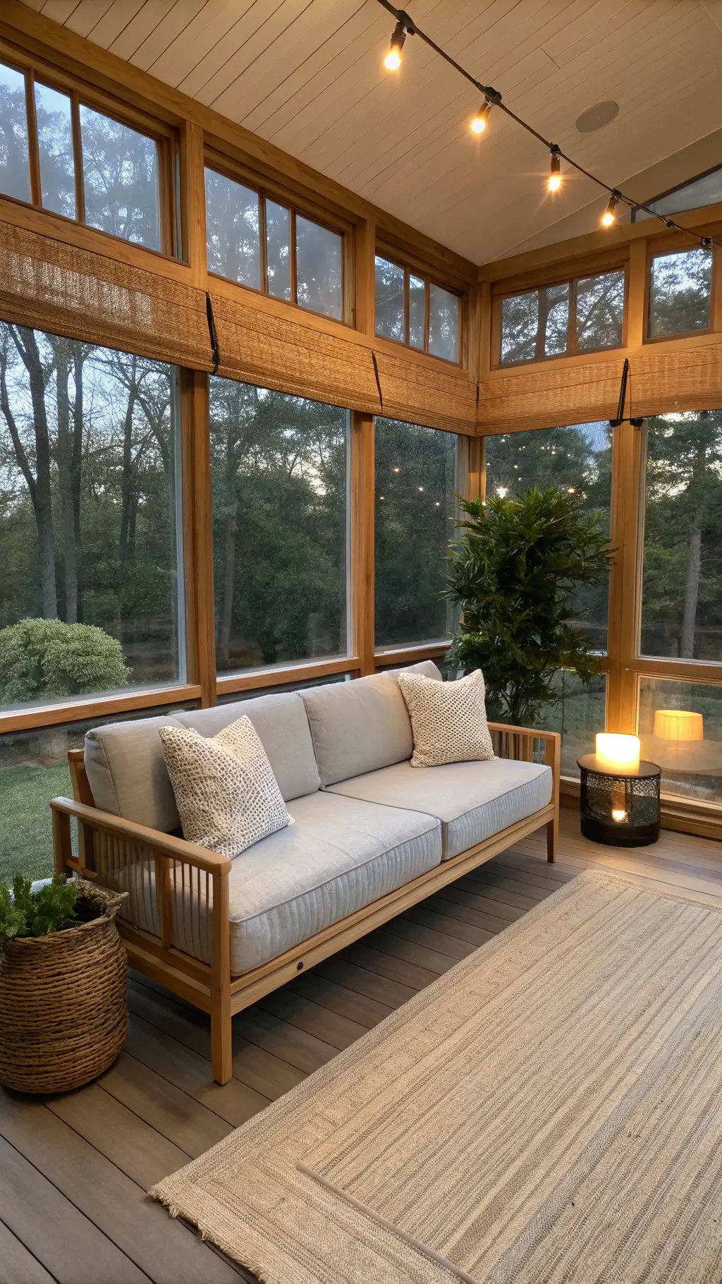 Tranquil Japandi-styled sunroom at dusk featuring a gray sofa, handwoven bamboo blinds, brass side table, and potted Japanese maple in front of full-length window wall