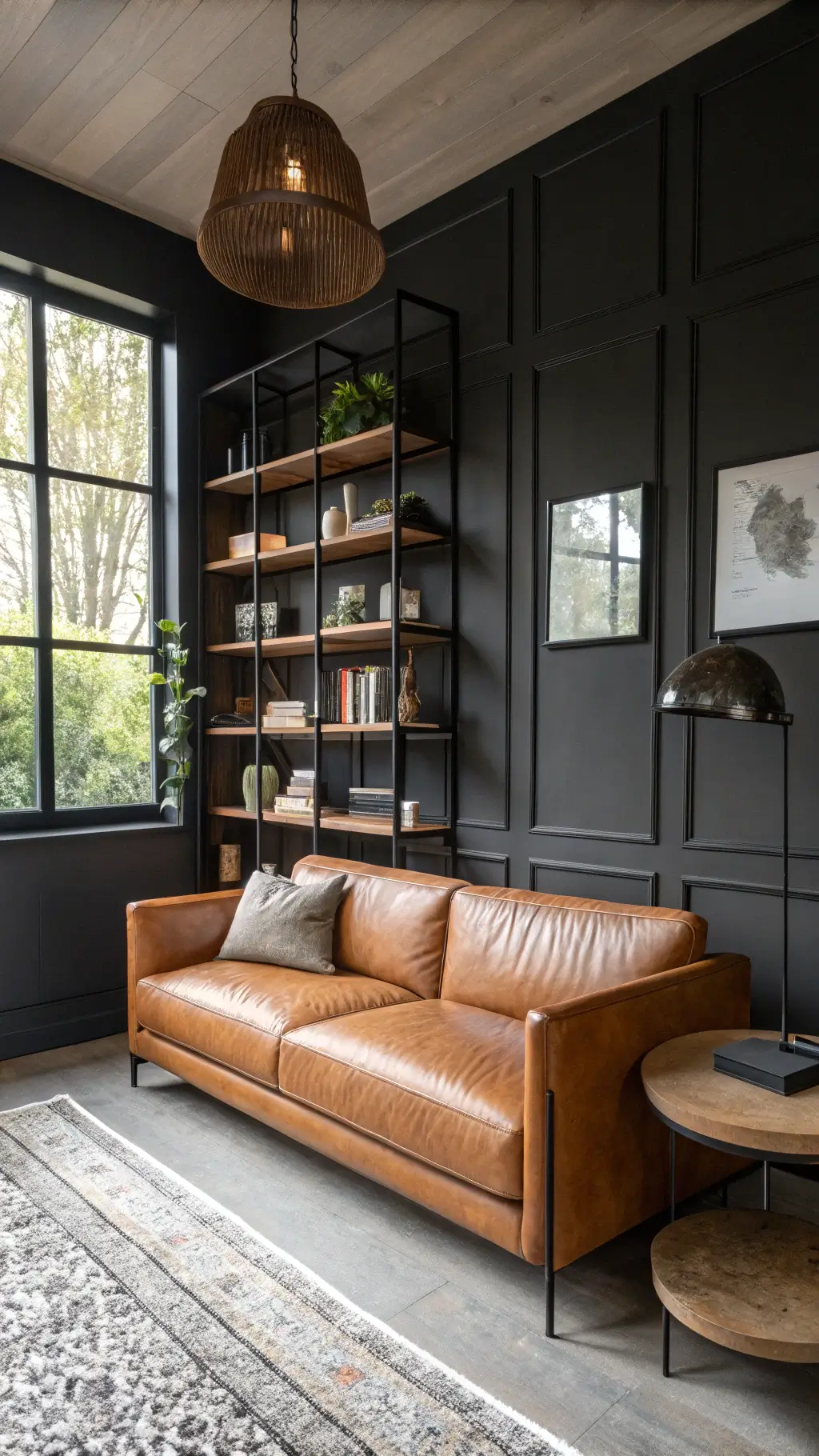 Japandi-style study with cognac leather settee, oak shelves, ceramics, handcrafted paper pendant, and black steel-framed windows creating a sophisticated workspace