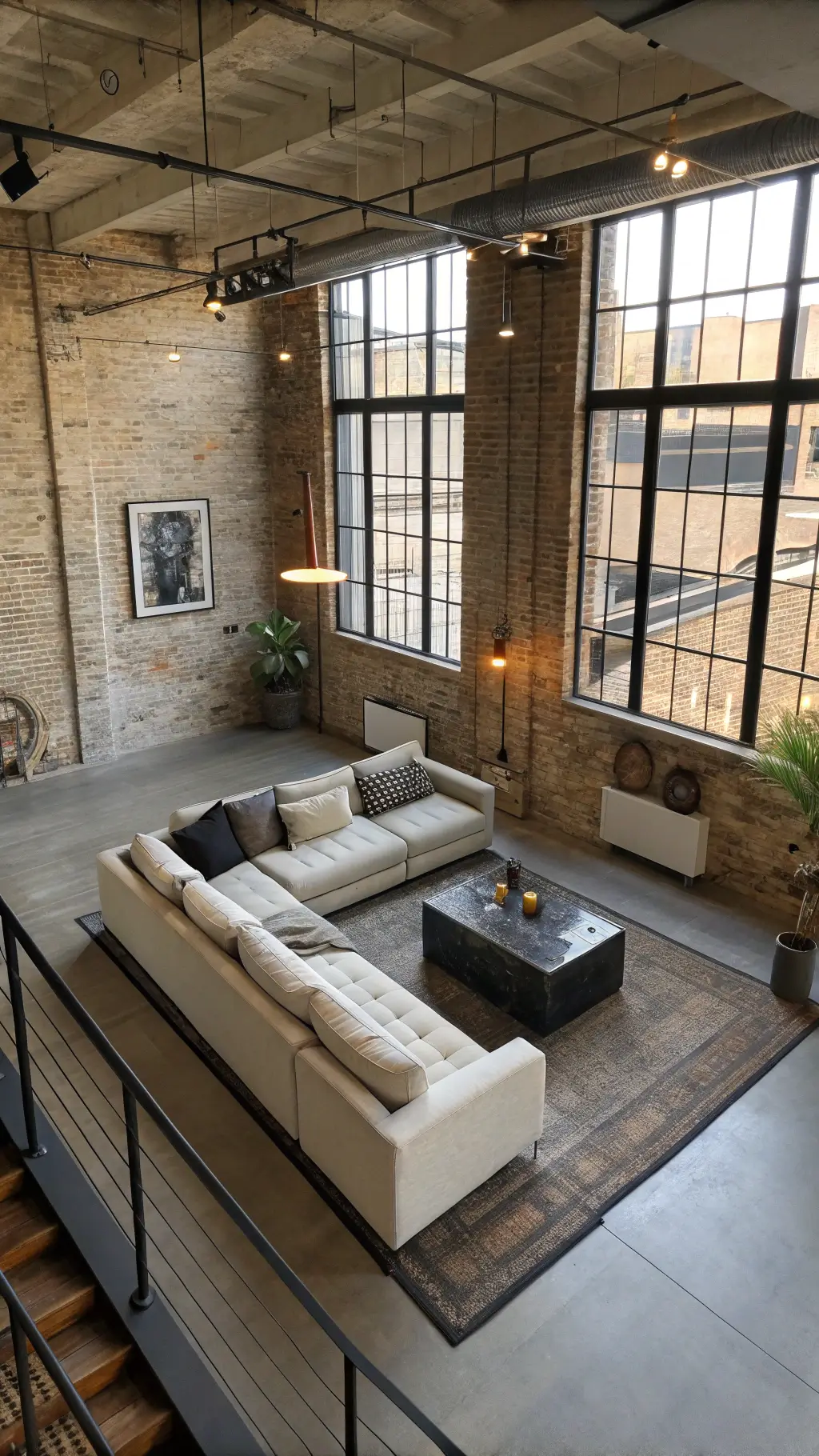 Loft-style living area featuring industrial elements, Japandi sectional in natural canvas, exposed brick walls, polished concrete floors, steel-framed windows, geometric wool rug, brass floor lamp, and abstract ink artwork