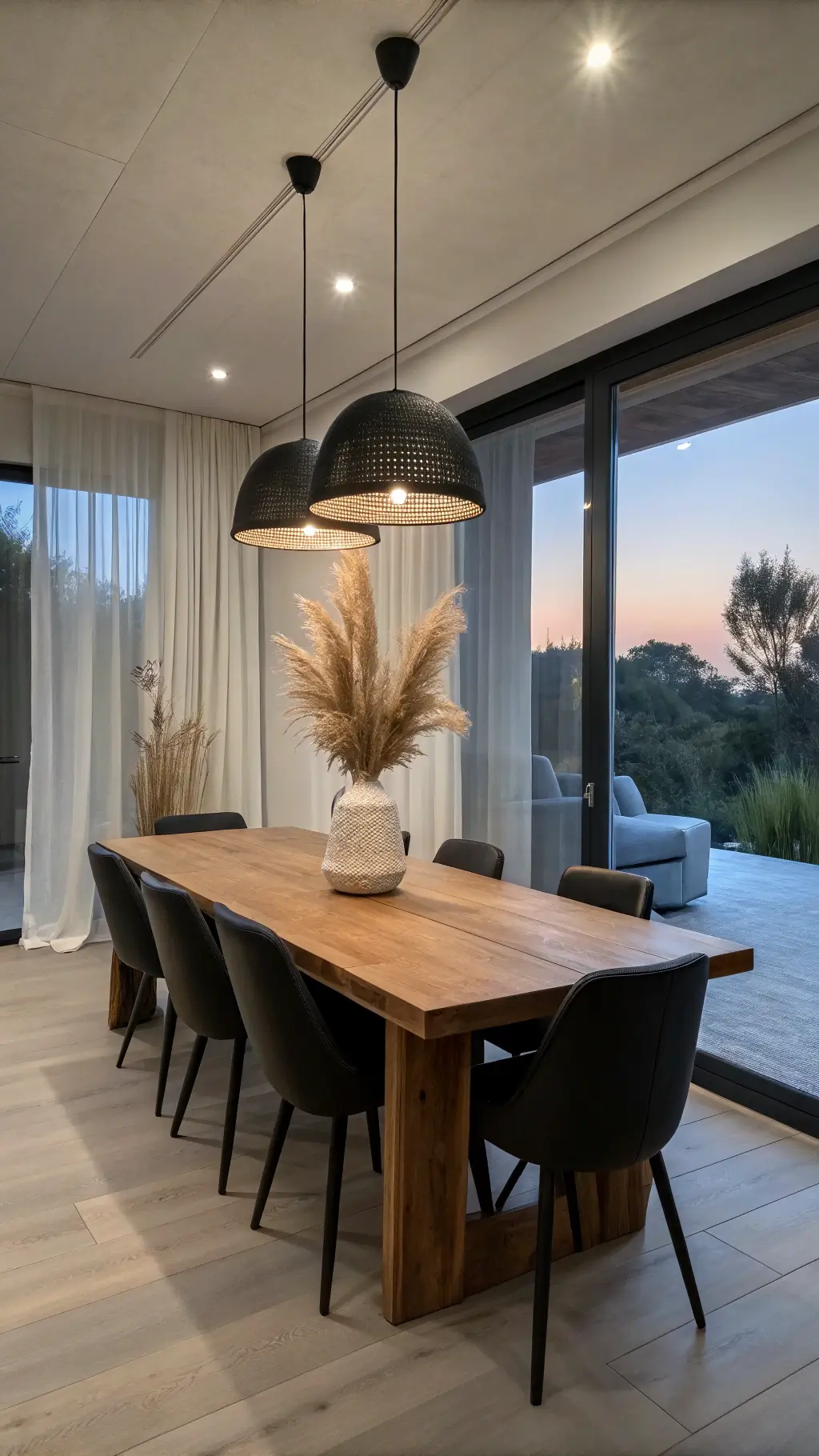Elegant minimalist dining room with oak table and black chairs