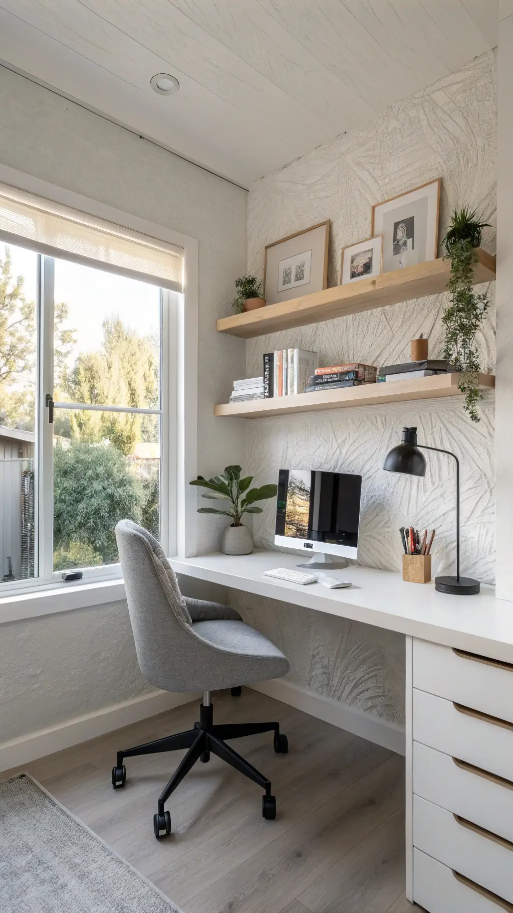 Minimalist home office with ergonomic desk and natural light