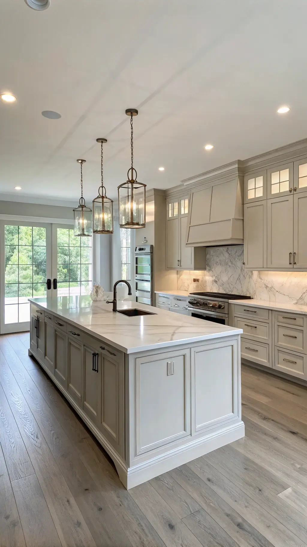 Modern kitchen with marble island and warm gray cabinetry