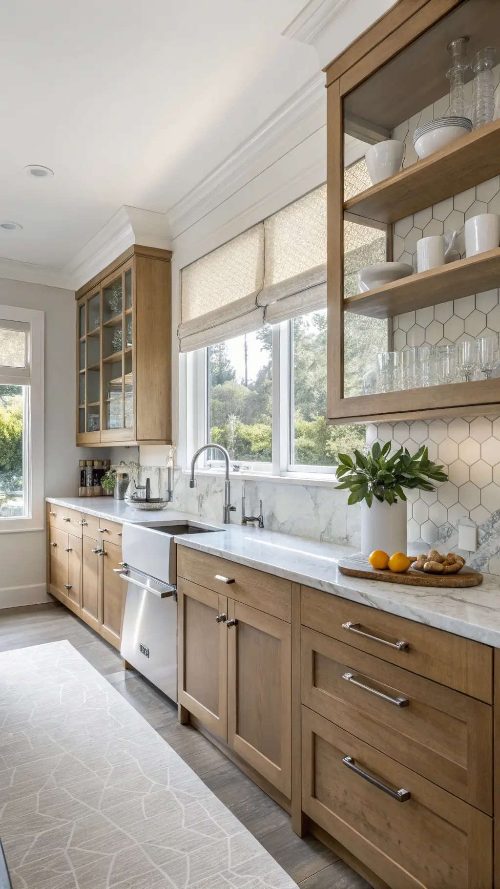 Transitional kitchen with honey-toned cabinets and gray mosaic backsplash