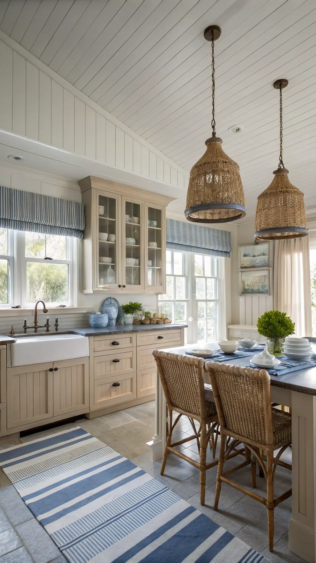 Coastal style kitchen with light brown cabinets and beadboard ceiling