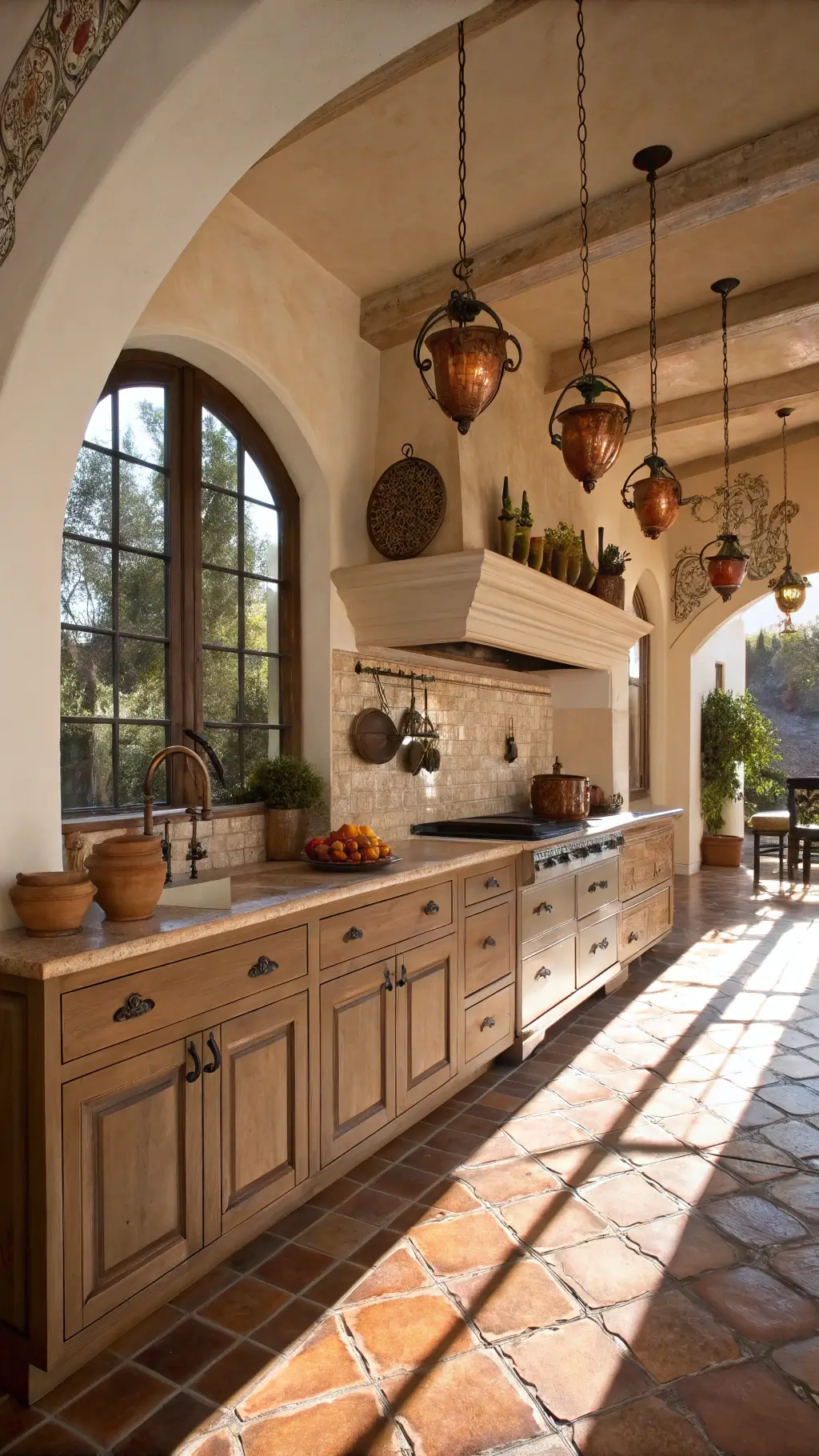Mediterranean-inspired kitchen with light brown cabinets and terracotta tiles