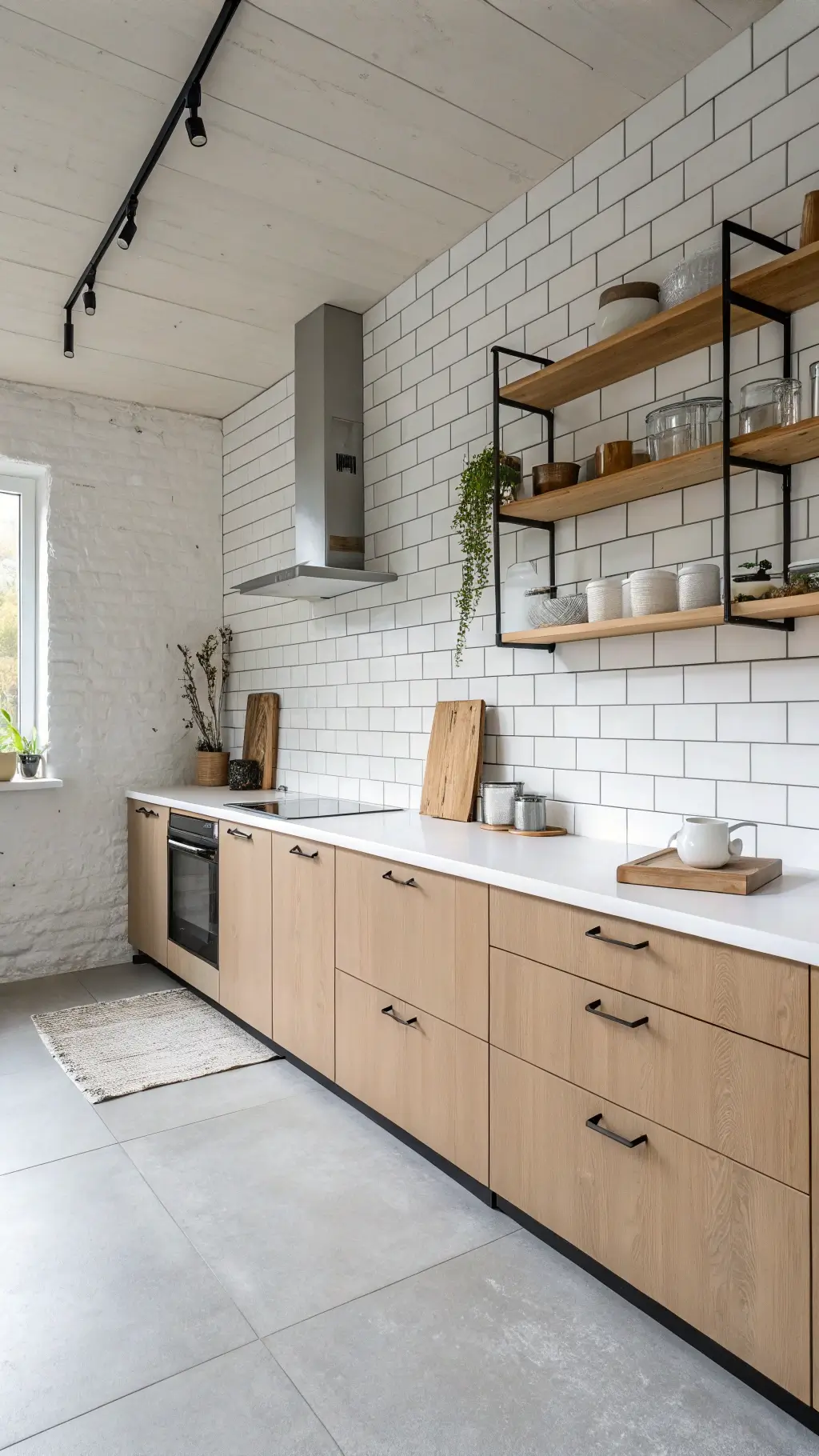 Minimalist Scandinavian kitchen with pale brown cabinets and white brick