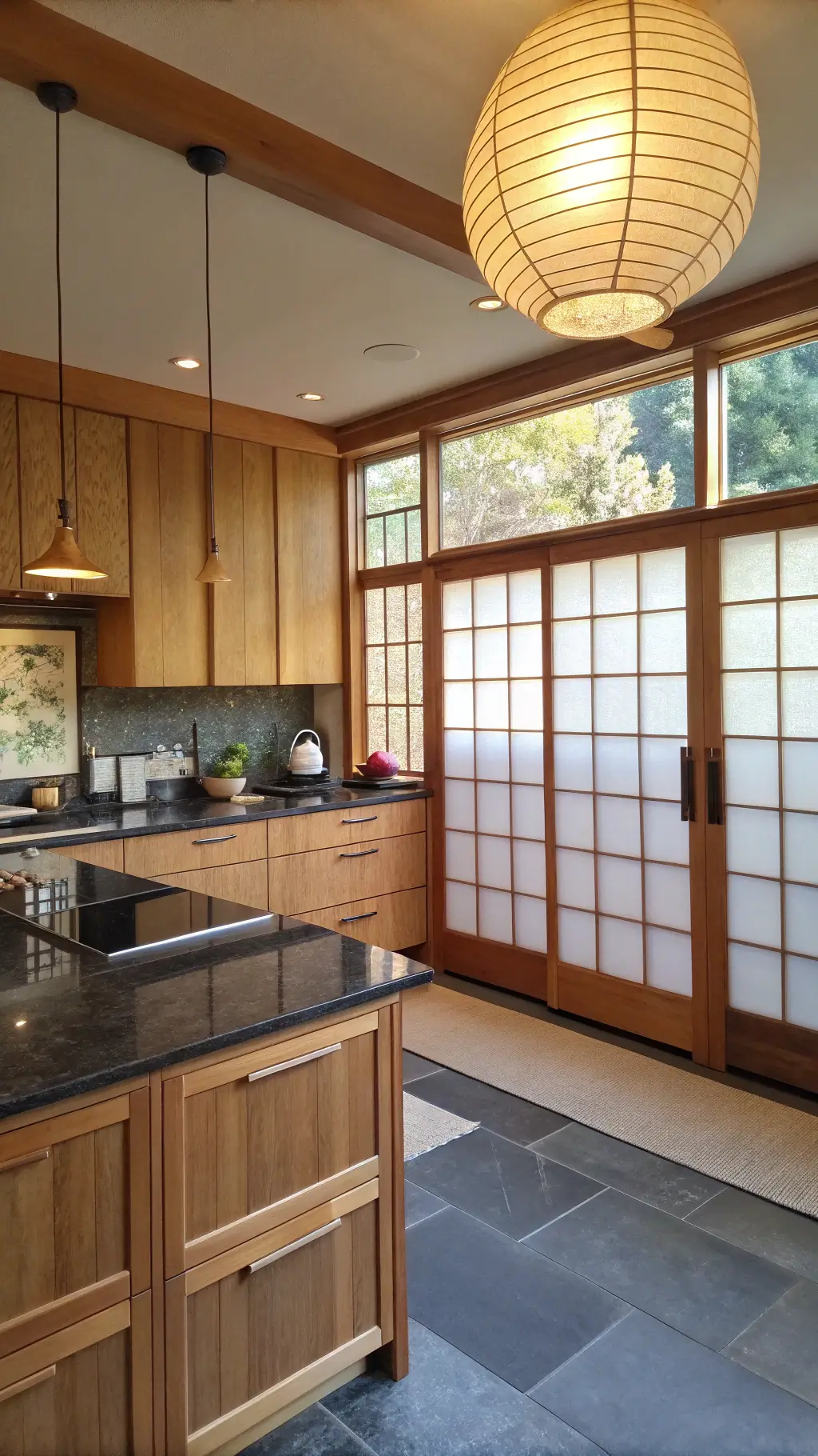 Japanese-inspired kitchen with ash wood cabinets and natural light