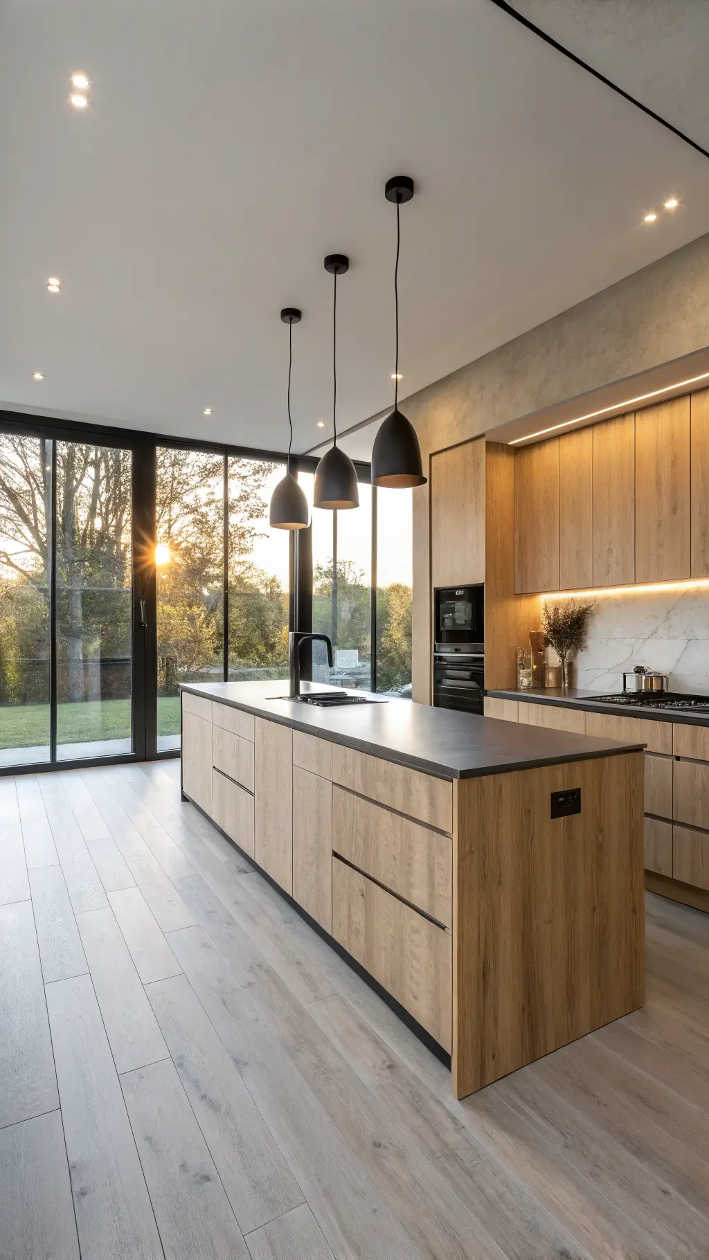 Scandinavian kitchen with light oak stained cabinets and concrete countertops