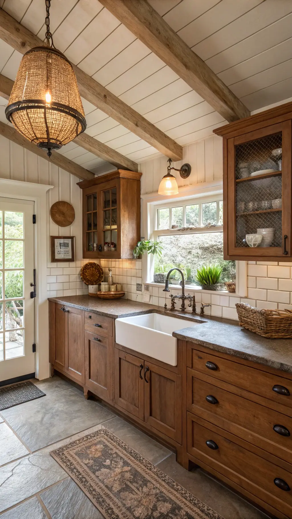 Country-style kitchen with pecan-stained beadboard cabinets and vintage copper accents