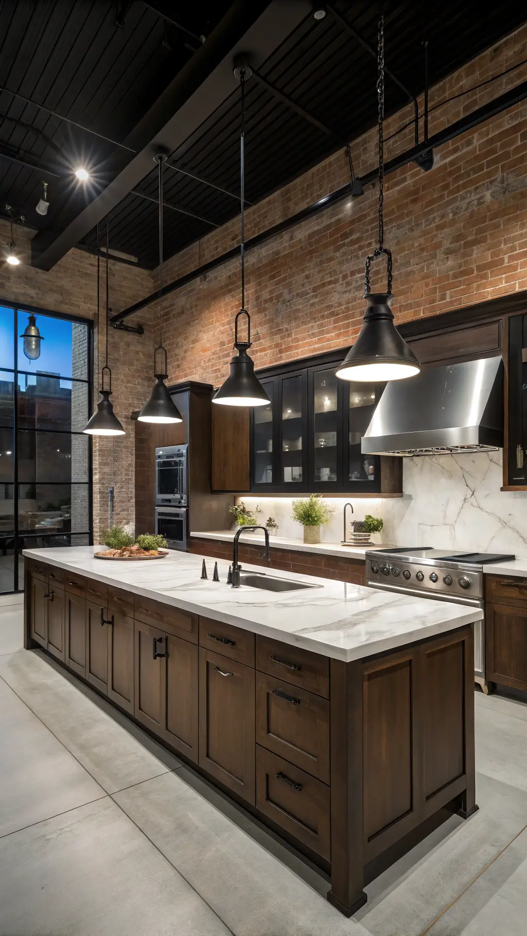 Industrial kitchen with espresso-stained oak cabinets and exposed brick