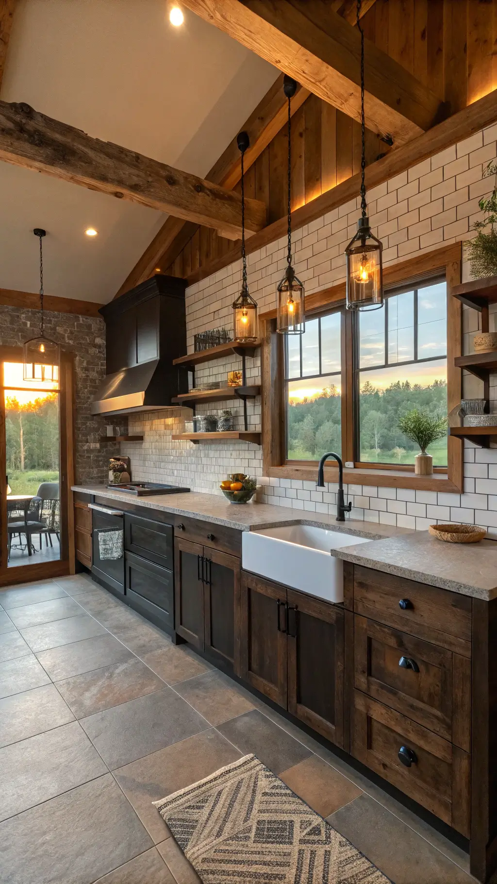 Rustic-modern kitchen with mixed-stain live-edge wood cabinets and warm lighting