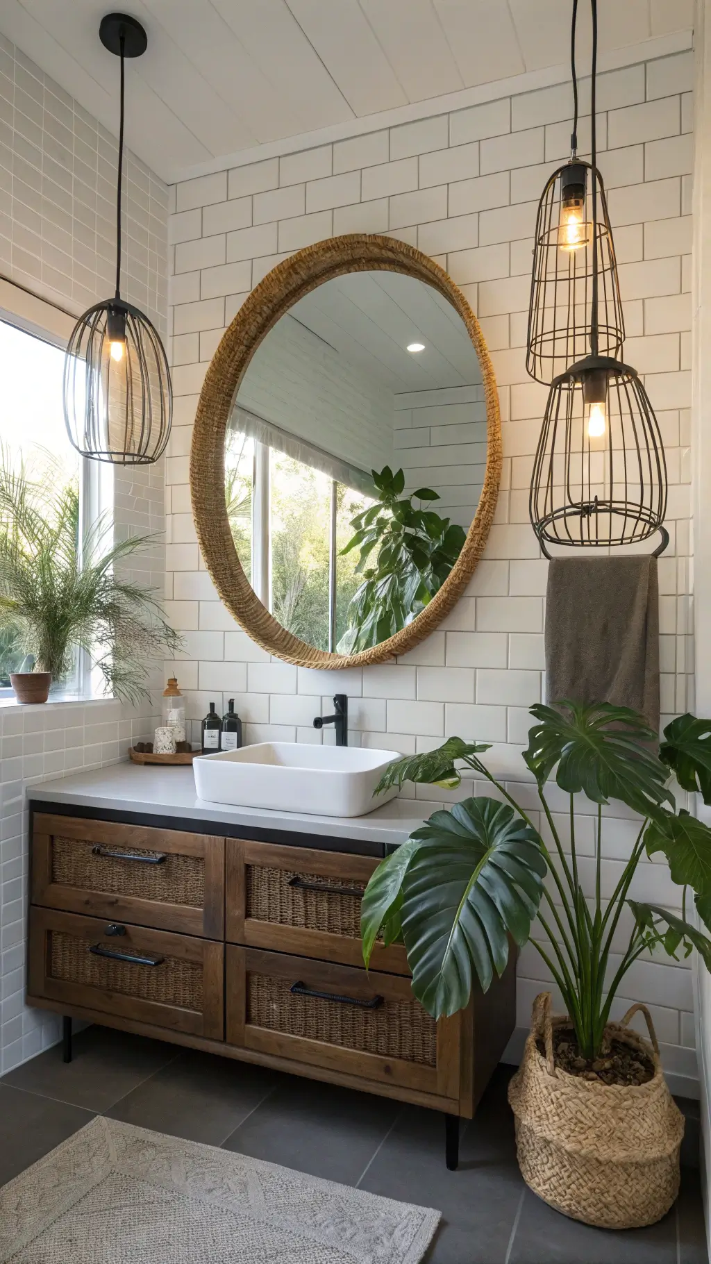 Modern tropical bathroom with bamboo accents and Monstera shadows