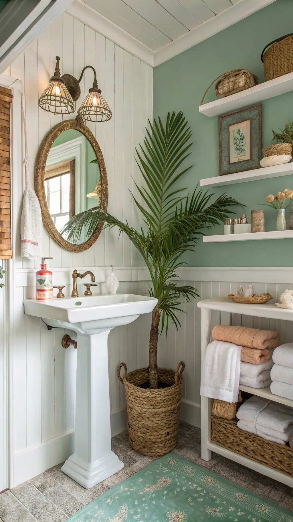 Coastal tropical bathroom with seafoam green and natural textures