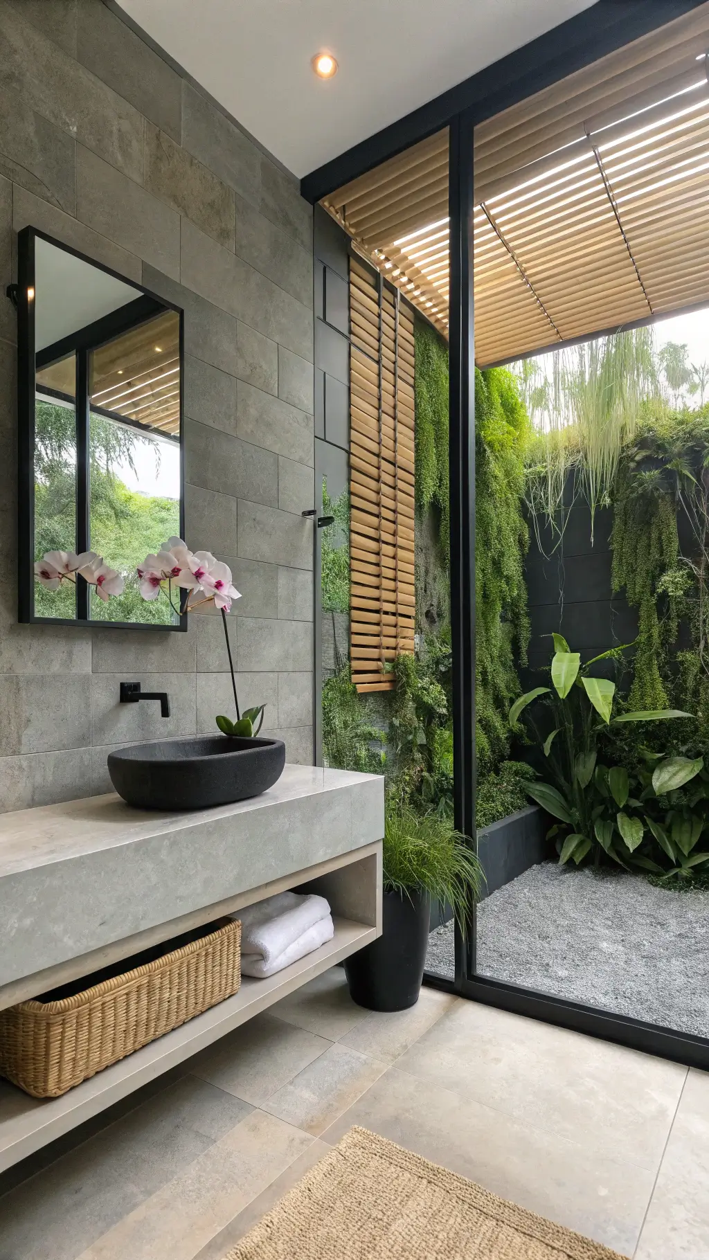 Minimalist tropical bathroom with vertical garden and orchid