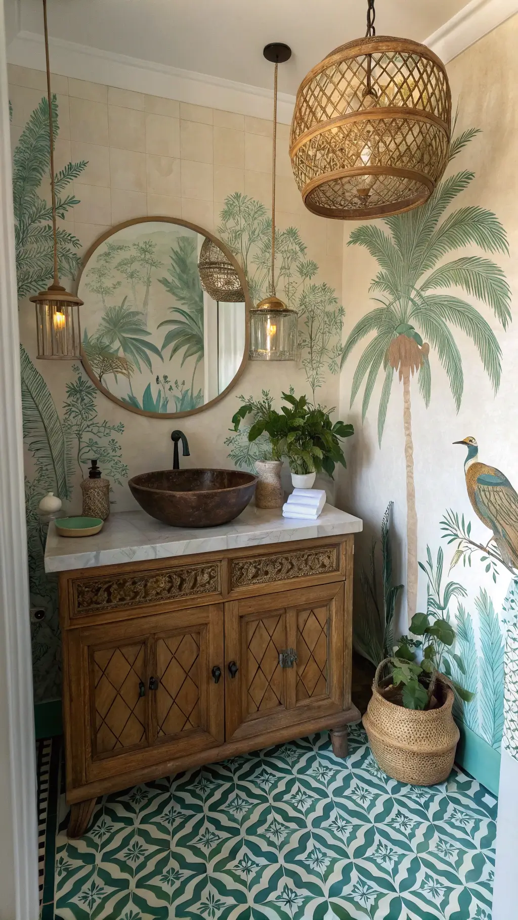Bohemian tropical powder room with vintage brass and rattan lighting
