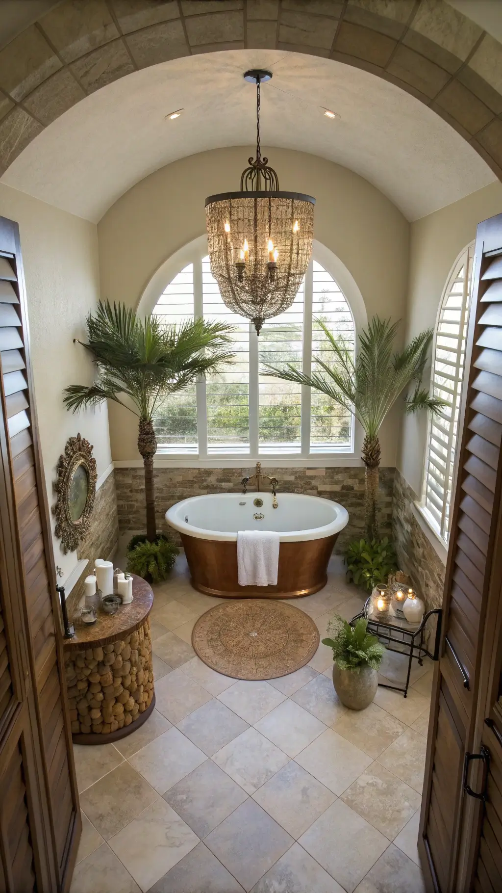 Luxurious resort-style bathroom with stone accent wall and palm decor