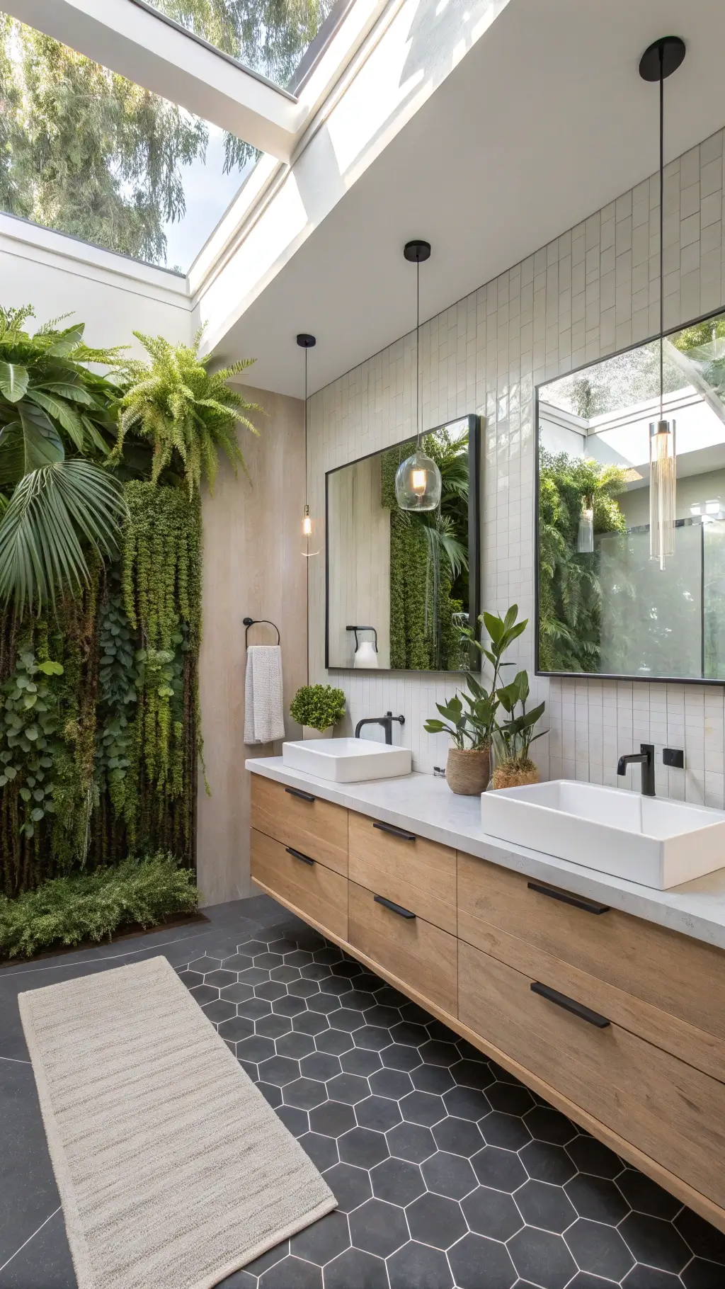 Modern tropical bathroom with living wall and geometric pendant
