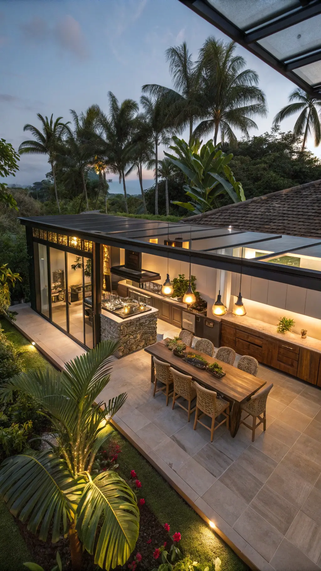Spacious tropical kitchen with green marble and living wall