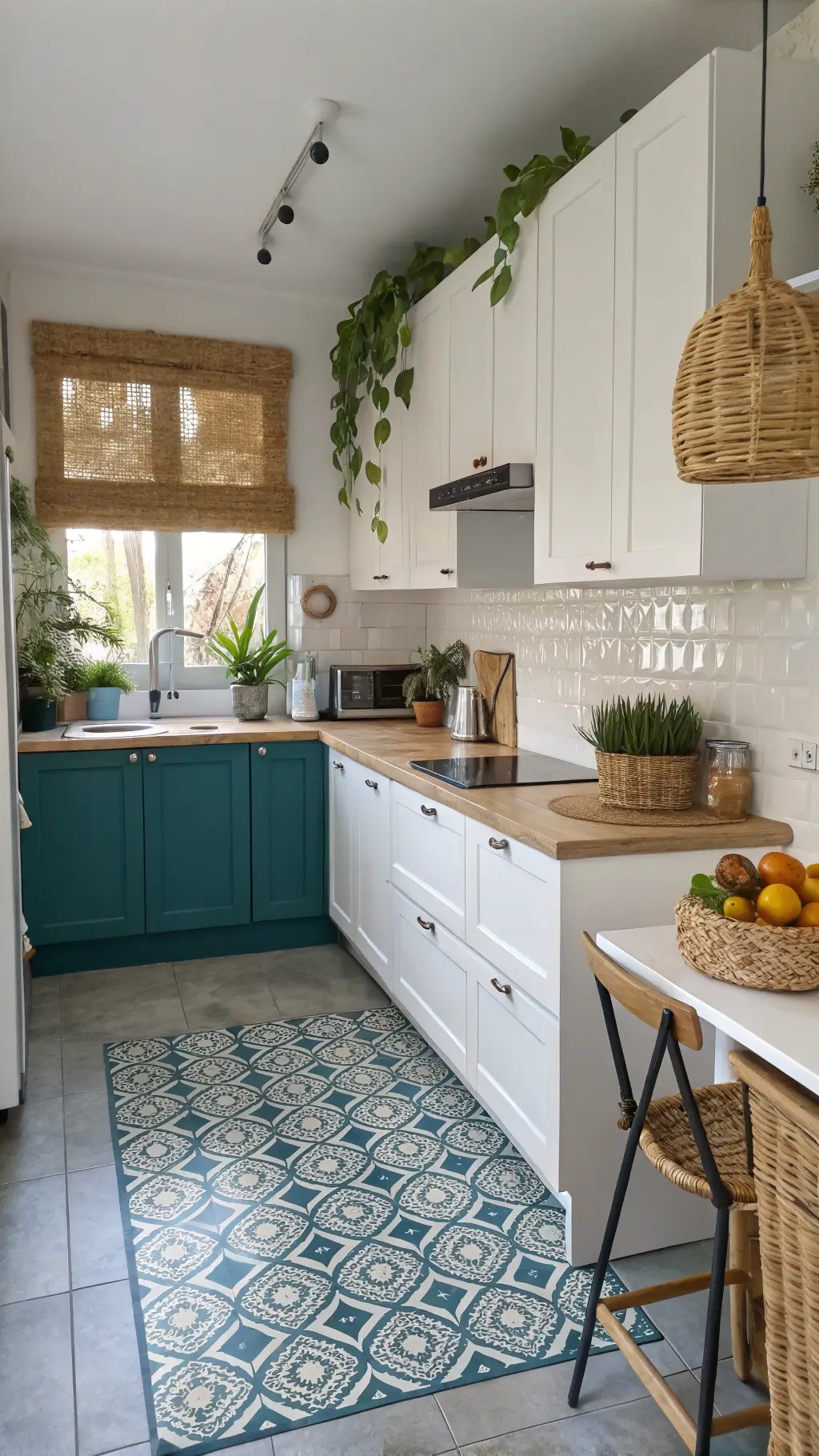 Compact tropical kitchen with living wall and bamboo shades