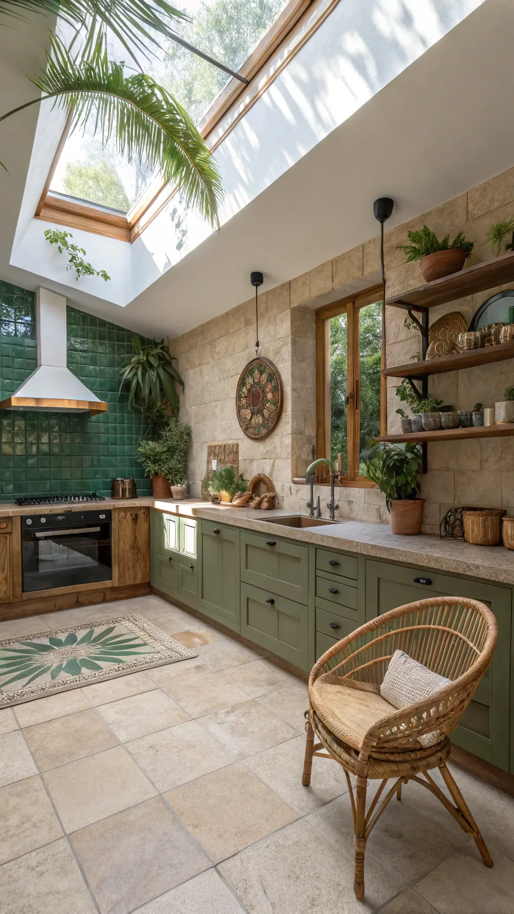 Tropical kitchen with emerald tiles and wooden shelves