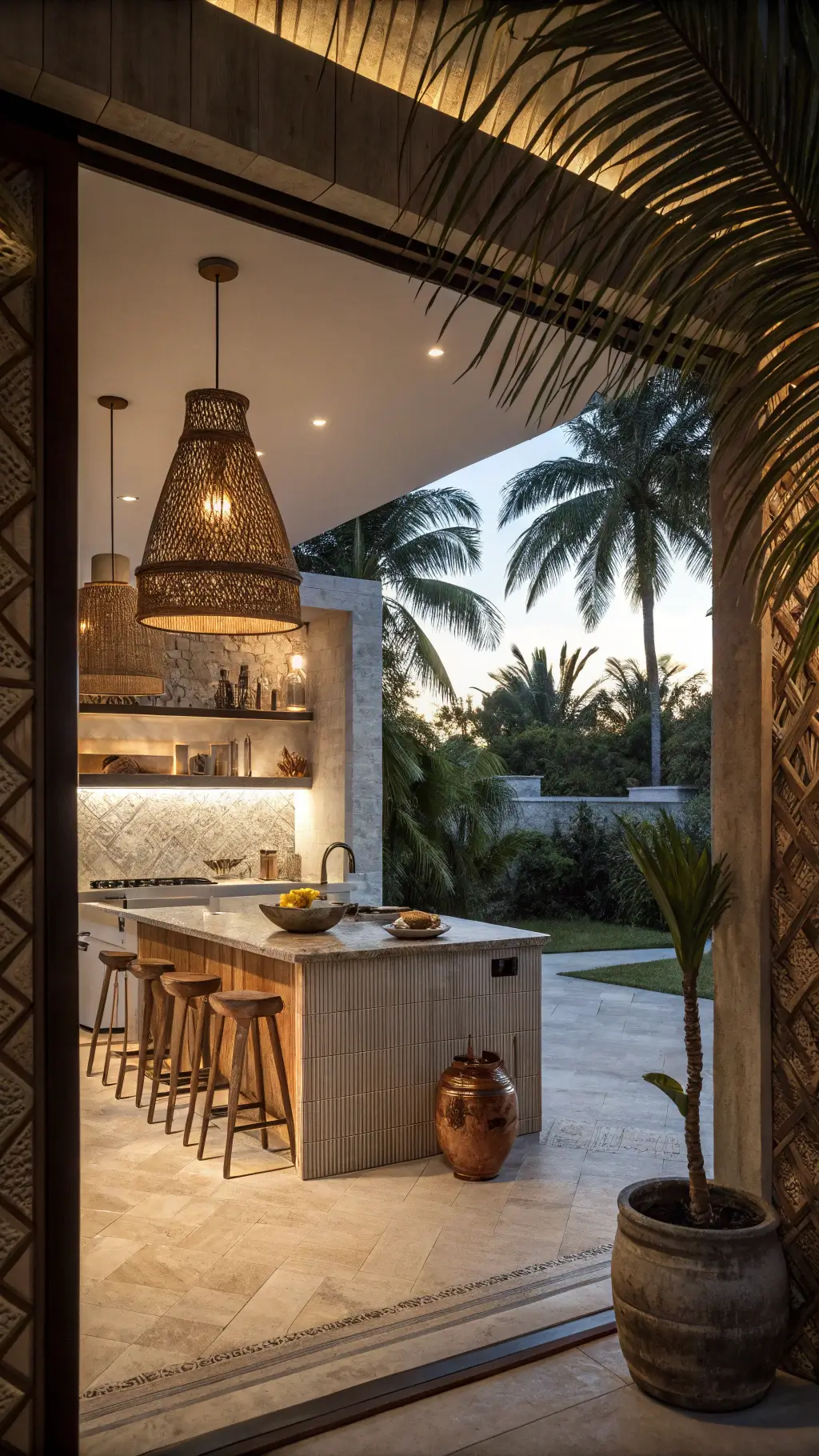 Tropical kitchen with rattan pendant lights and palm fronds