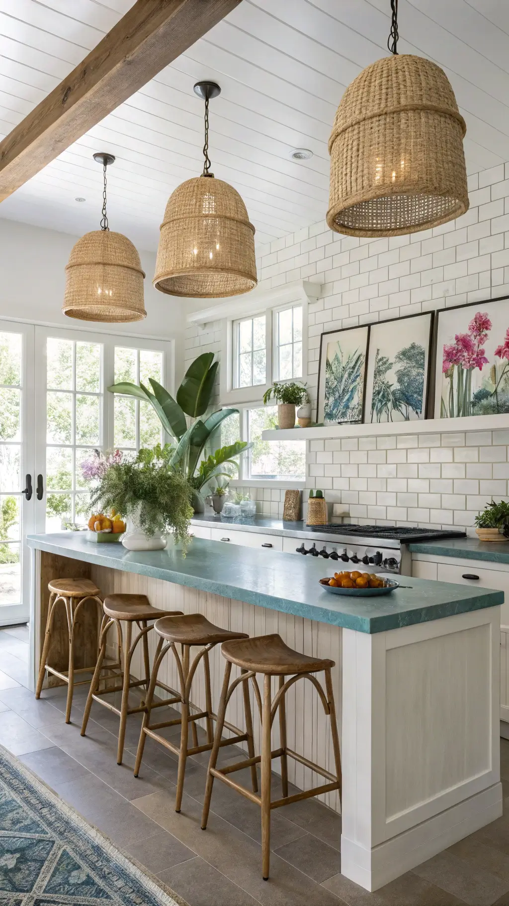 Bright tropical kitchen with natural fiber lighting and brass hardware
