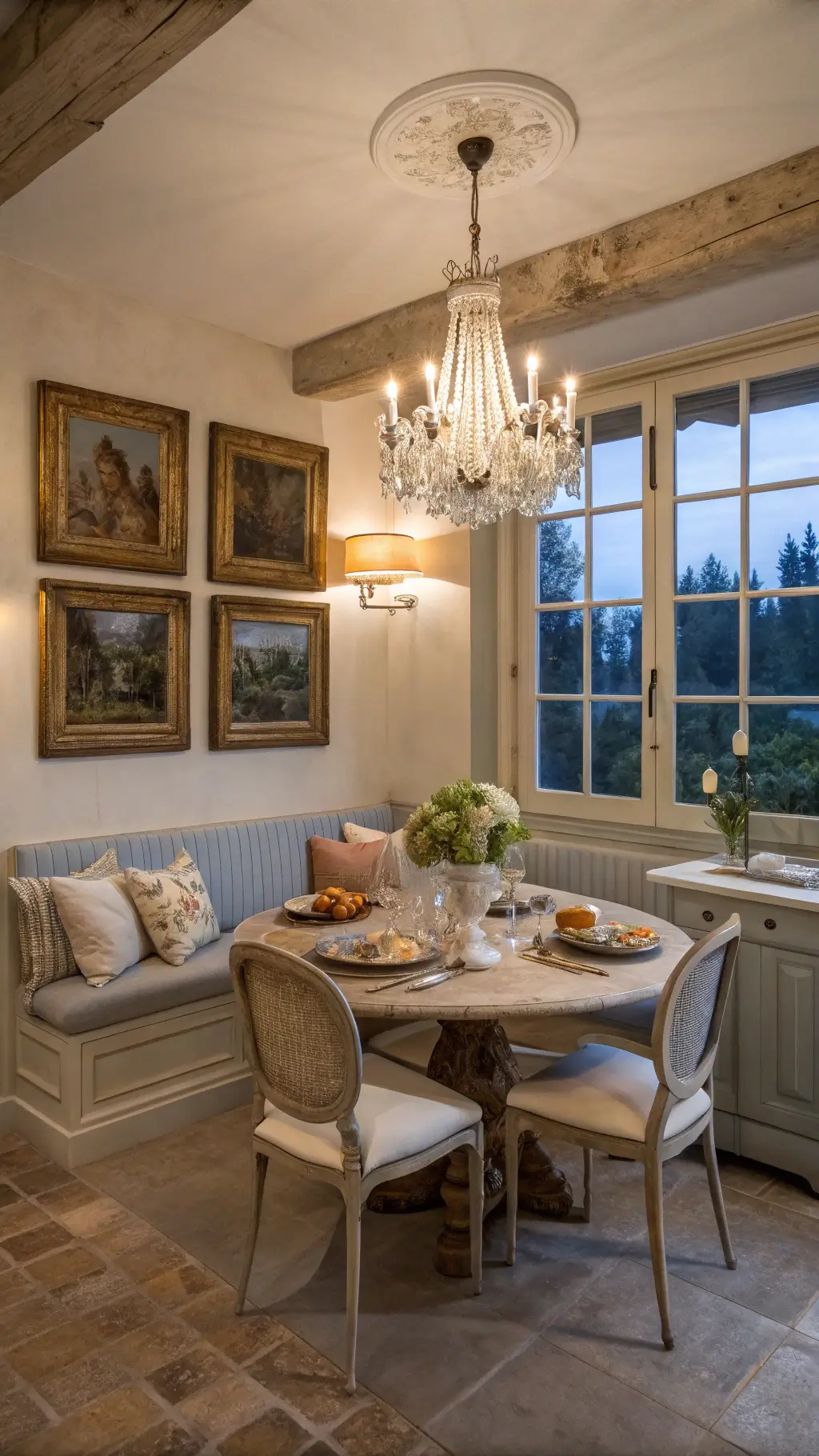 French kitchen with farmhouse table and open shelves