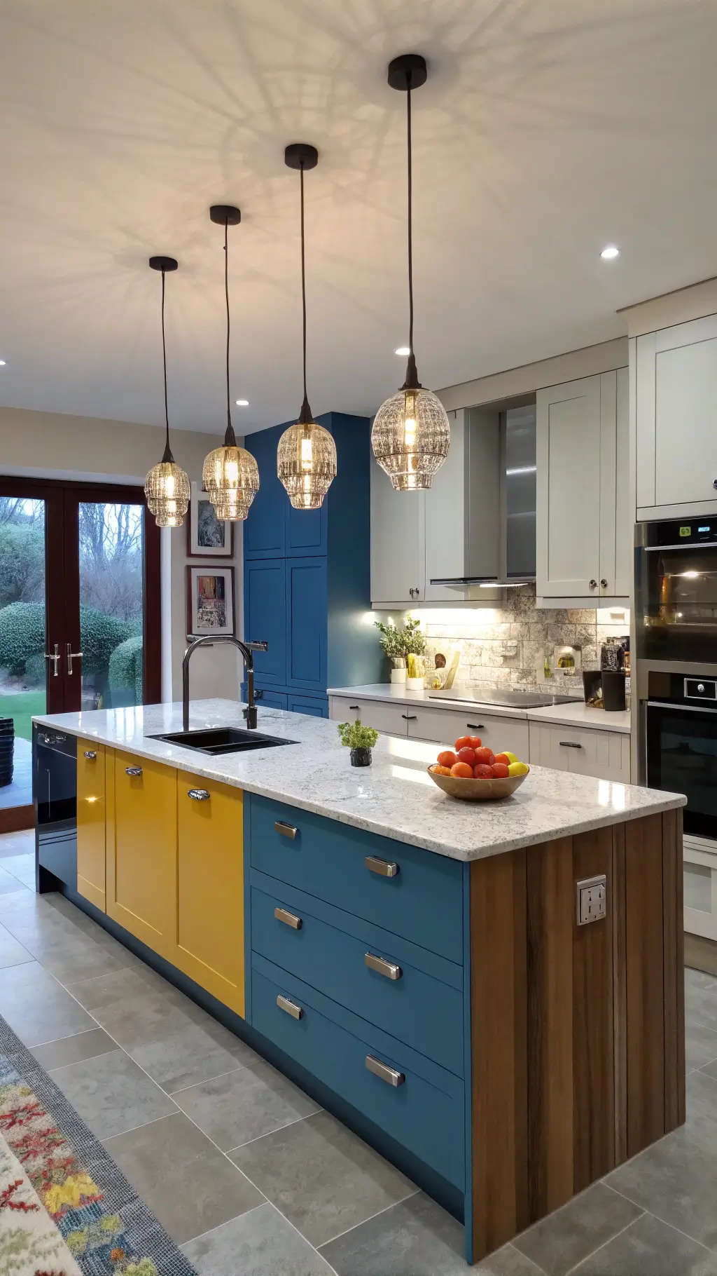 Postmodern kitchen with glossy primary colored cabinets, marble topped centerpiece island with mismatched base, and pendant lights over it shot during blue hour.