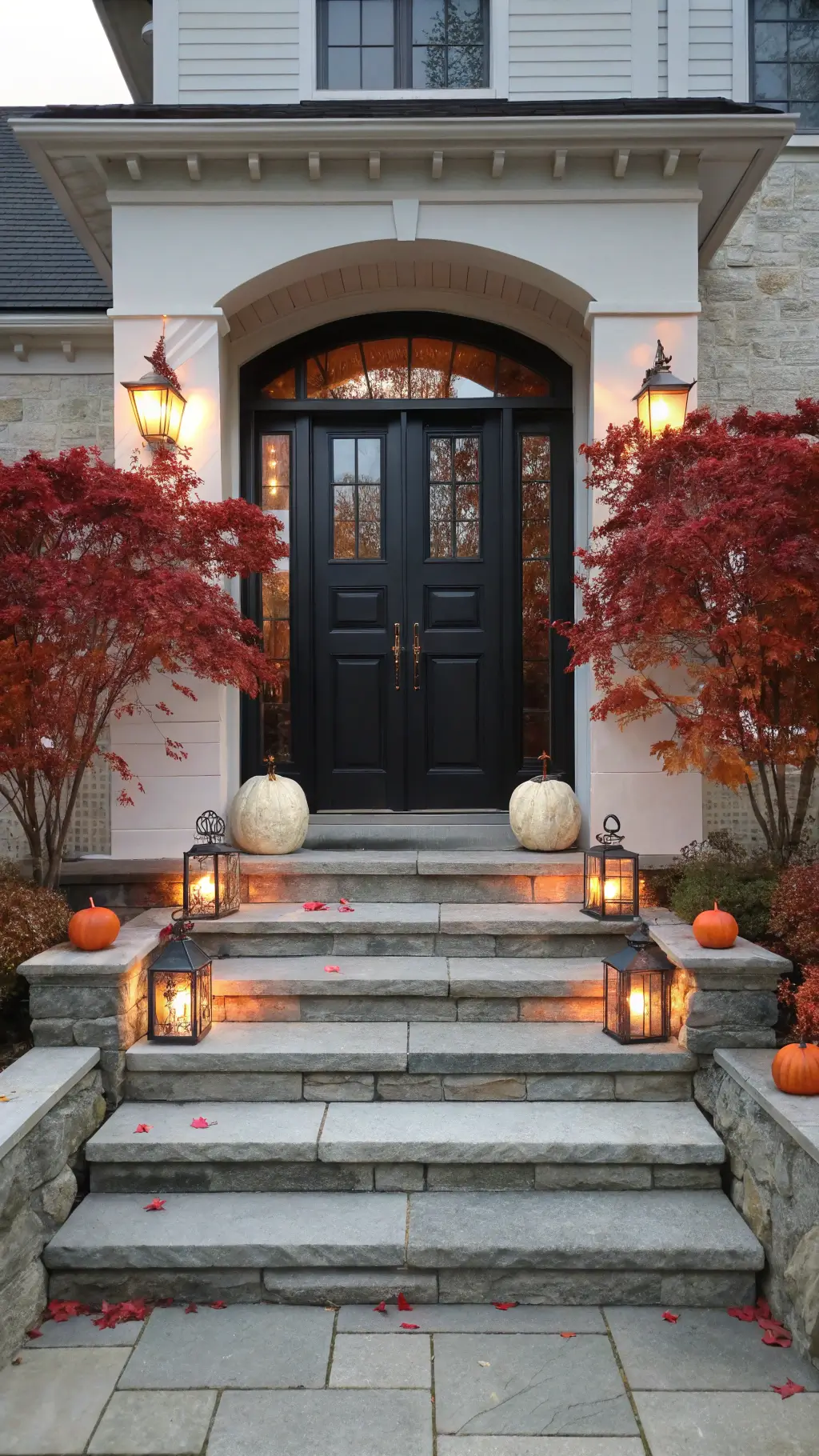 Colonial-style entryway at dawn with stone steps, black double doors, white pumpkins, copper lanterns, urns, and crimson maple branches in misty morning light
