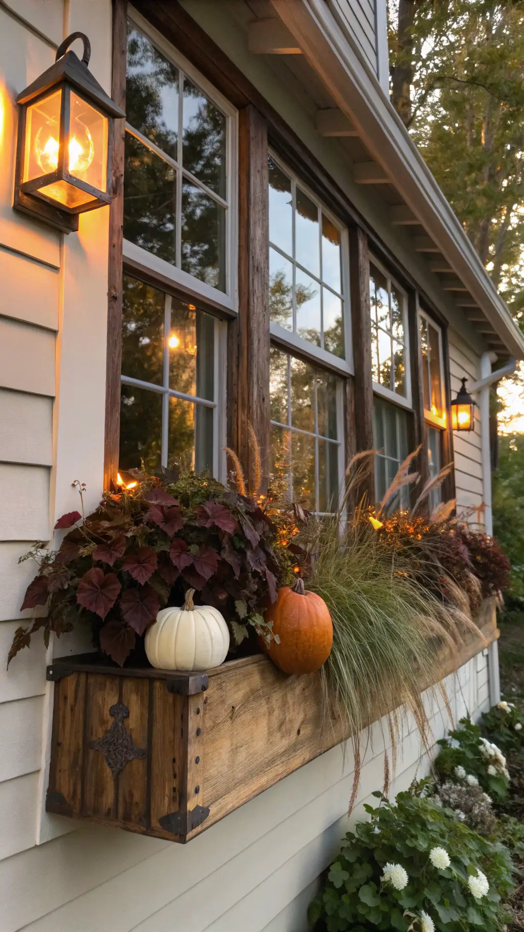 Rustic cedar window box filled with burgundy sweet potato vine, copper grasses, mini white pumpkins, and a weathered brass lantern in late afternoon light