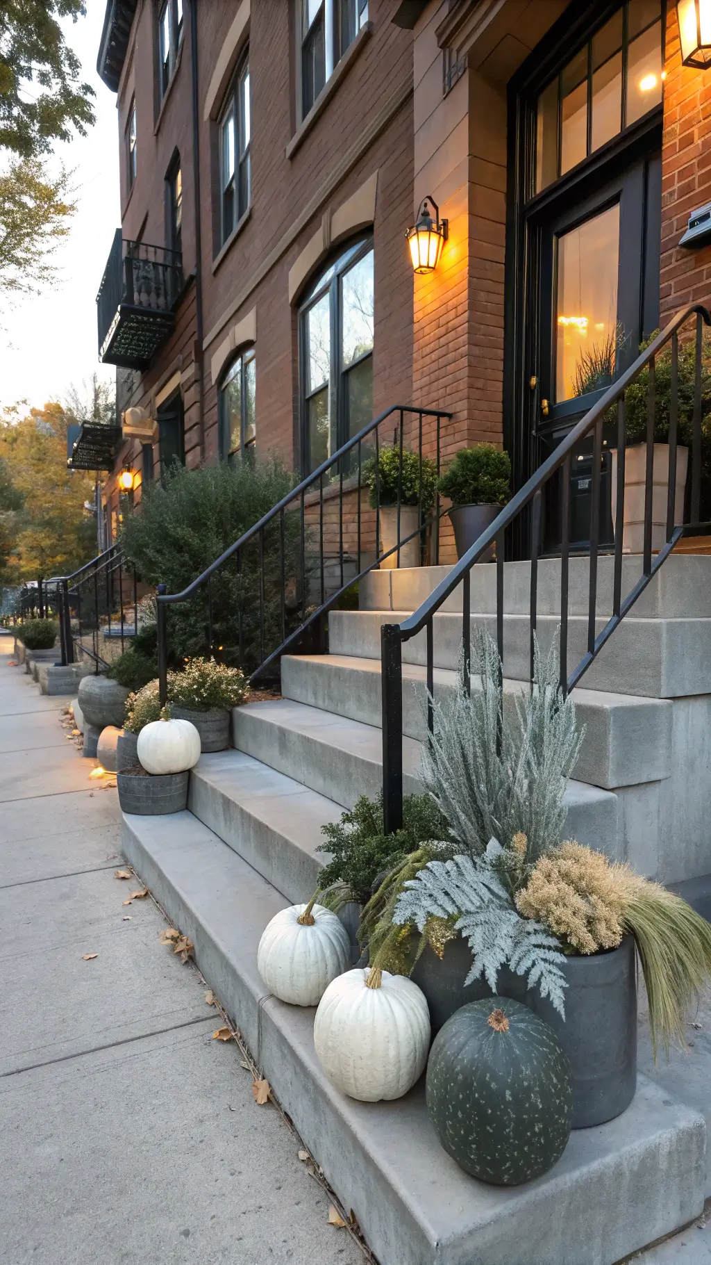 Modern townhouse stoop with concrete steps, metal railings, monochromatic pumpkin display, and eucalyptus ferns in morning light