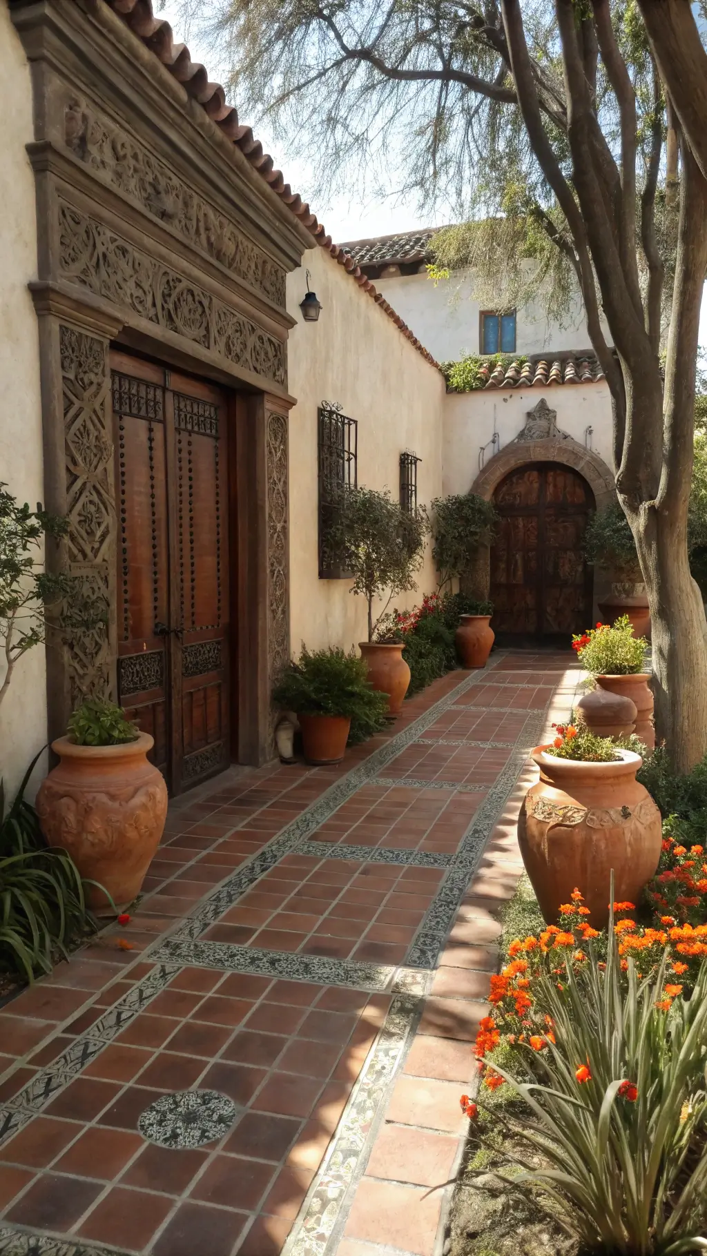Spanish colonial courtyard with terra cotta tiles, carved wooden doors, terracotta pots, olive topiaries, copper sedge grass, and Mexican Talavera pottery with orange and burgundy dahlias