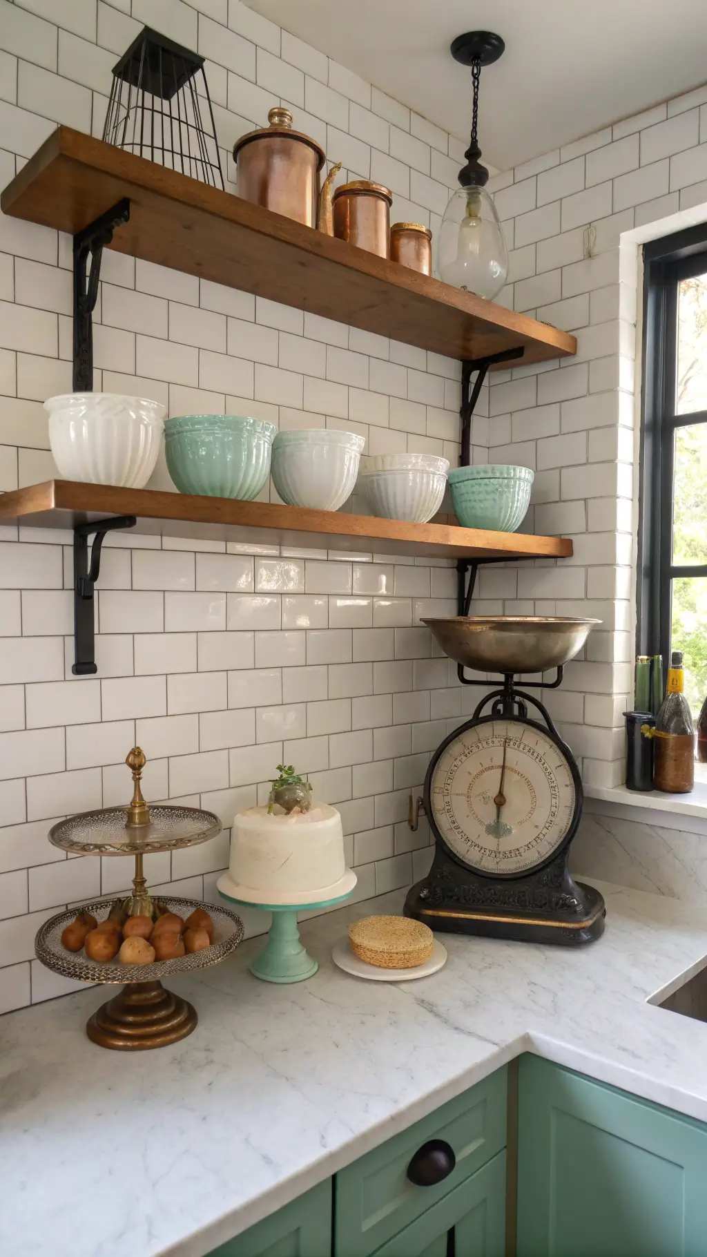 Vintage baking station with white subway tiles, marble countertop, copper measuring cups, and jadeite mixing bowls