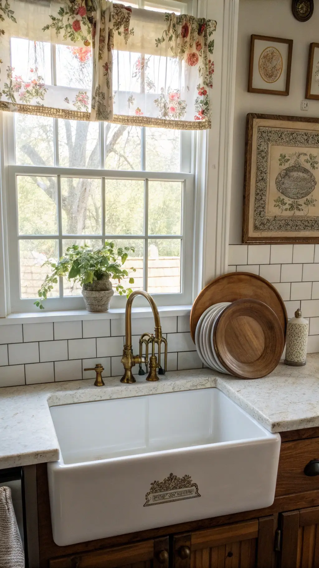Farmhouse kitchen with white fireclay sink, brass gooseneck faucet, subway tile backsplash, and antique botanical prints