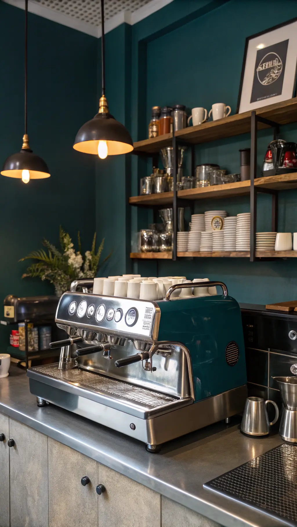 Vintage espresso machine on zinc countertop with brass coffee pots and porcelain cups against a dark teal wall