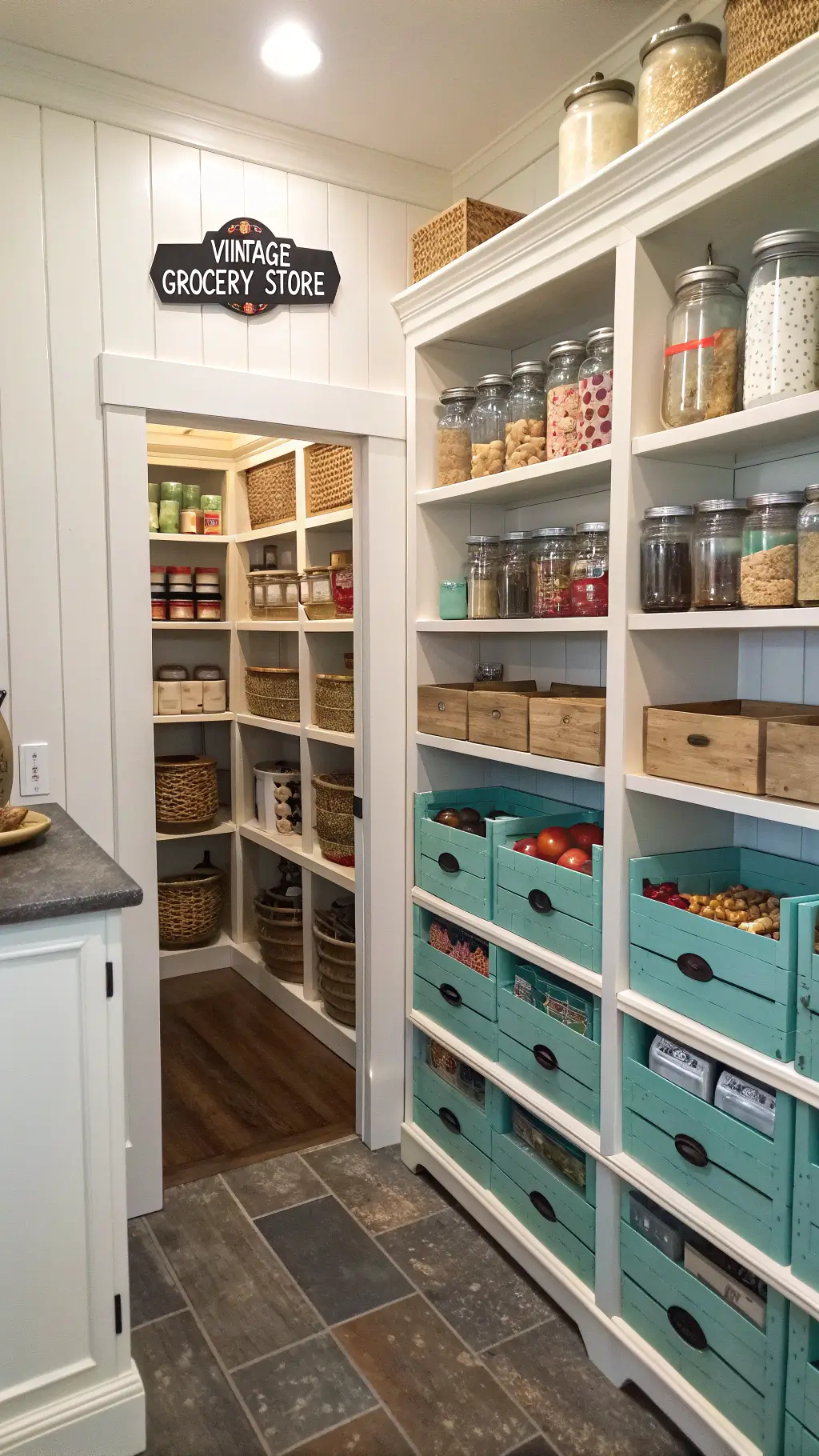 Walk-in pantry with distressed white shelving, vintage mason jars, enamelware, and antique grocery signs