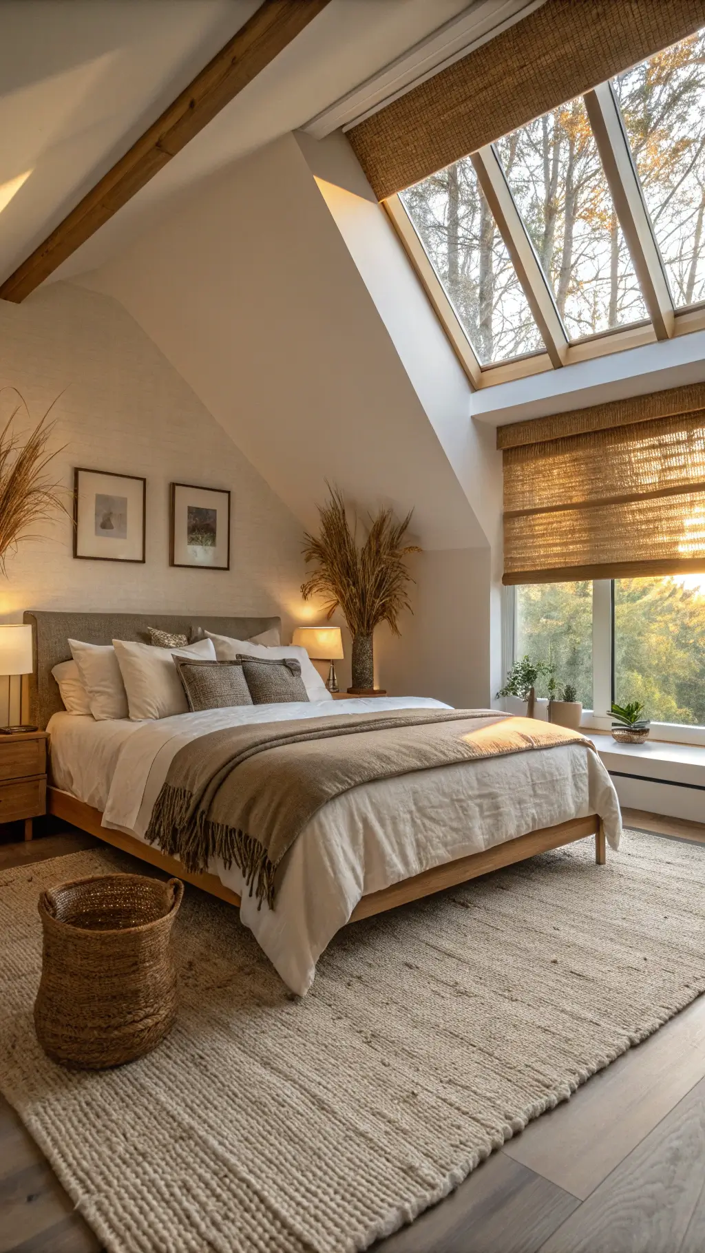 Master bedroom with cream and stone linens on platform bed, woven grass shades filtering warm light, clay vase, pampas grass, and oak nightstand